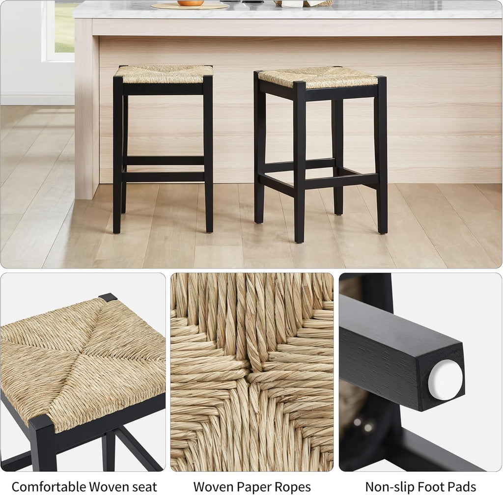 2PC Woven Seagrass Counter Stools, Black Solid Wood Legs, 26 Inch