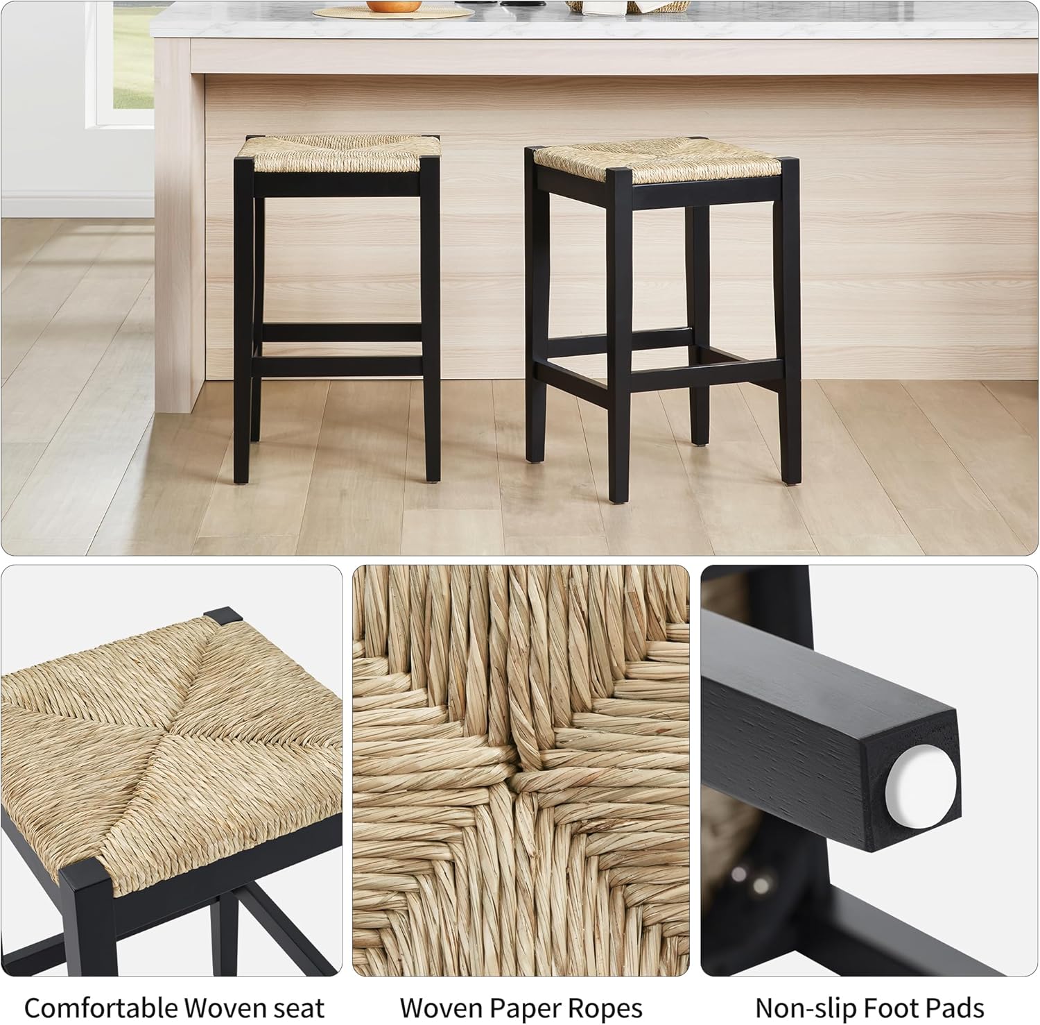 2PC Woven Seagrass Counter Stools, Black Solid Wood Legs, 26 Inch