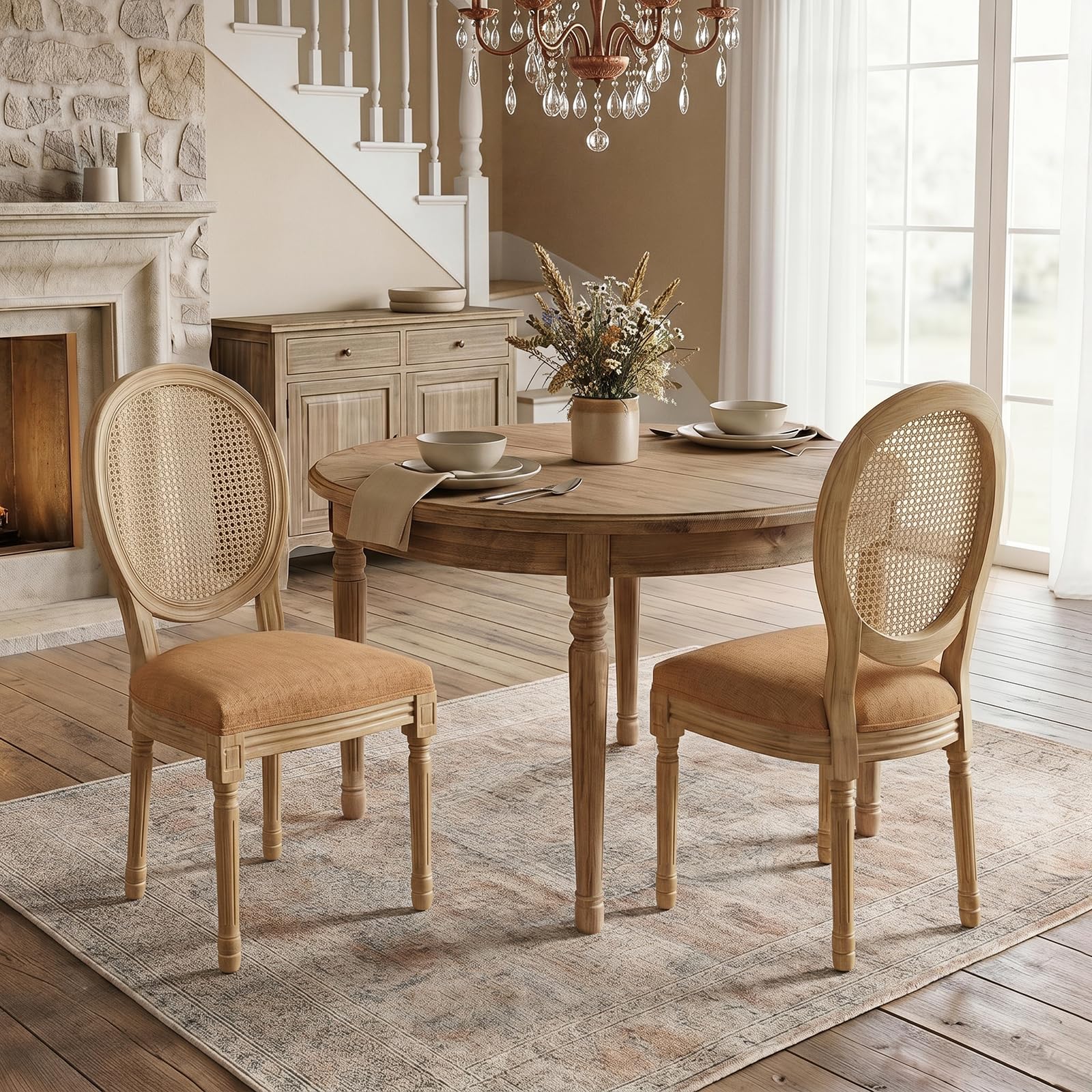 SoarFlash French Dining Chairs Set of 2, Vantage Dining Chair with Round Back, Wood Leg Farmhouse Country Rattan Dining Chair for Kitchen,Bedroom,Beige