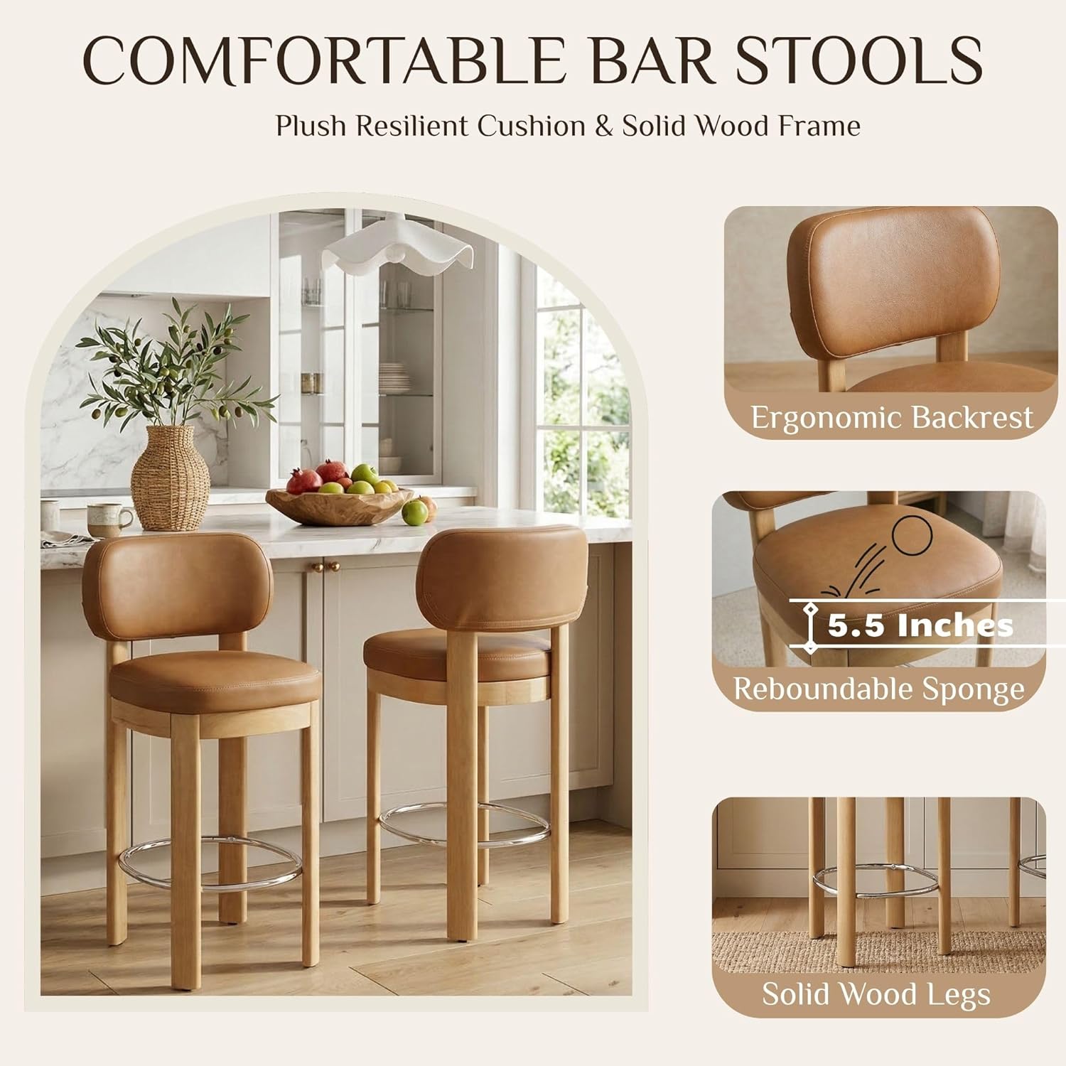 HNY Brown Leather Bar Stools Set of 2, Modern Upholstered Counter Height Bar Stools, Farmhouse Armless Bar Chairs with Solid Wood Legs & Padded Back for Kitchen Island/Dining Room Bar - 26 Inches