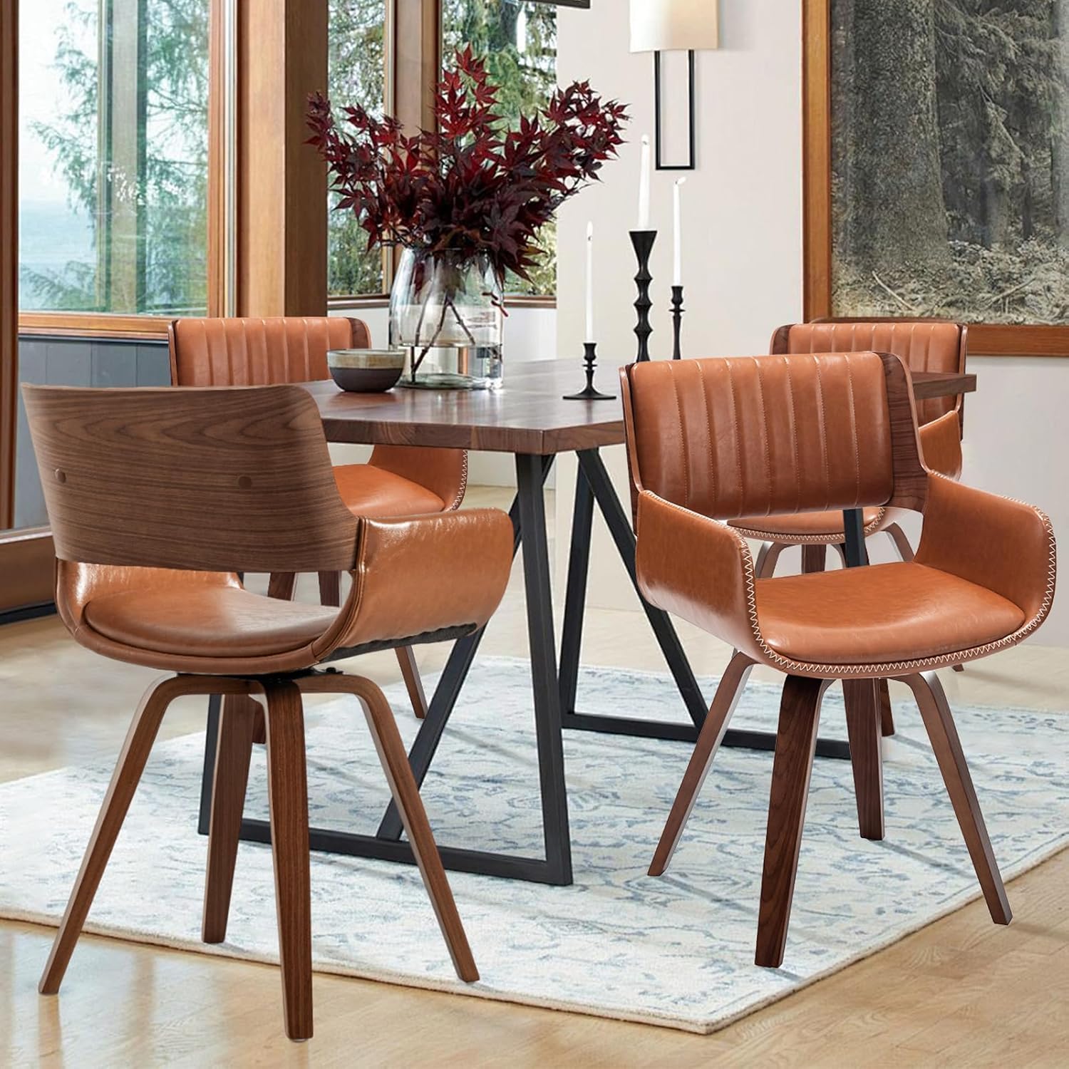 LUNLING Swivel Accent Faux Leather Dining Chairs, Mid Century Modern Chairs with Wooden Legs/Armrest/Upholstered Seat/Adjustable Foots for Kitchen Dining Room Desk Chairs,Green,1PCS