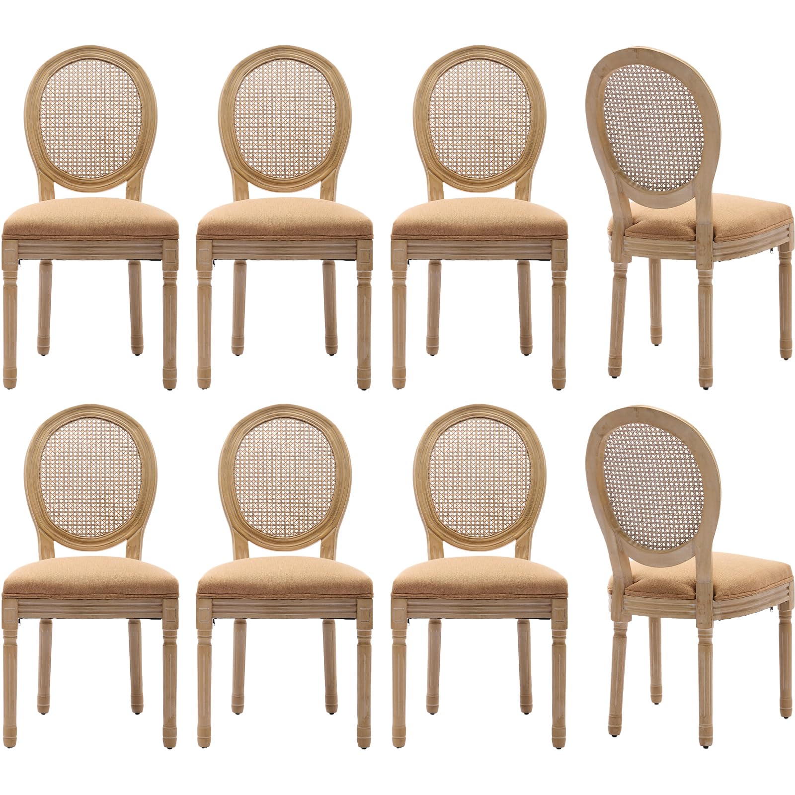 Vintage French Rattan Dining Chairs Set of 4, Solid Wood Frame with Round Rattan Back and Linen Upholstered Seat, Farmhouse Accent Sillas de Comedor Side Chairs for Dining Room & Kitchen, Beige