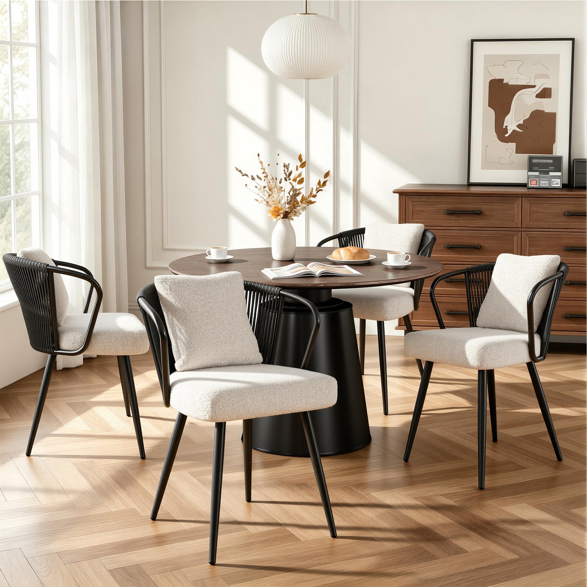 Rattan Dining Chairs Set of 4, Modern Upholstered Kitchen Chair with Metal Legs, Ergonomic Curved Backrest, Mid Century Living Room Chairs with Throw Pillow, Natural