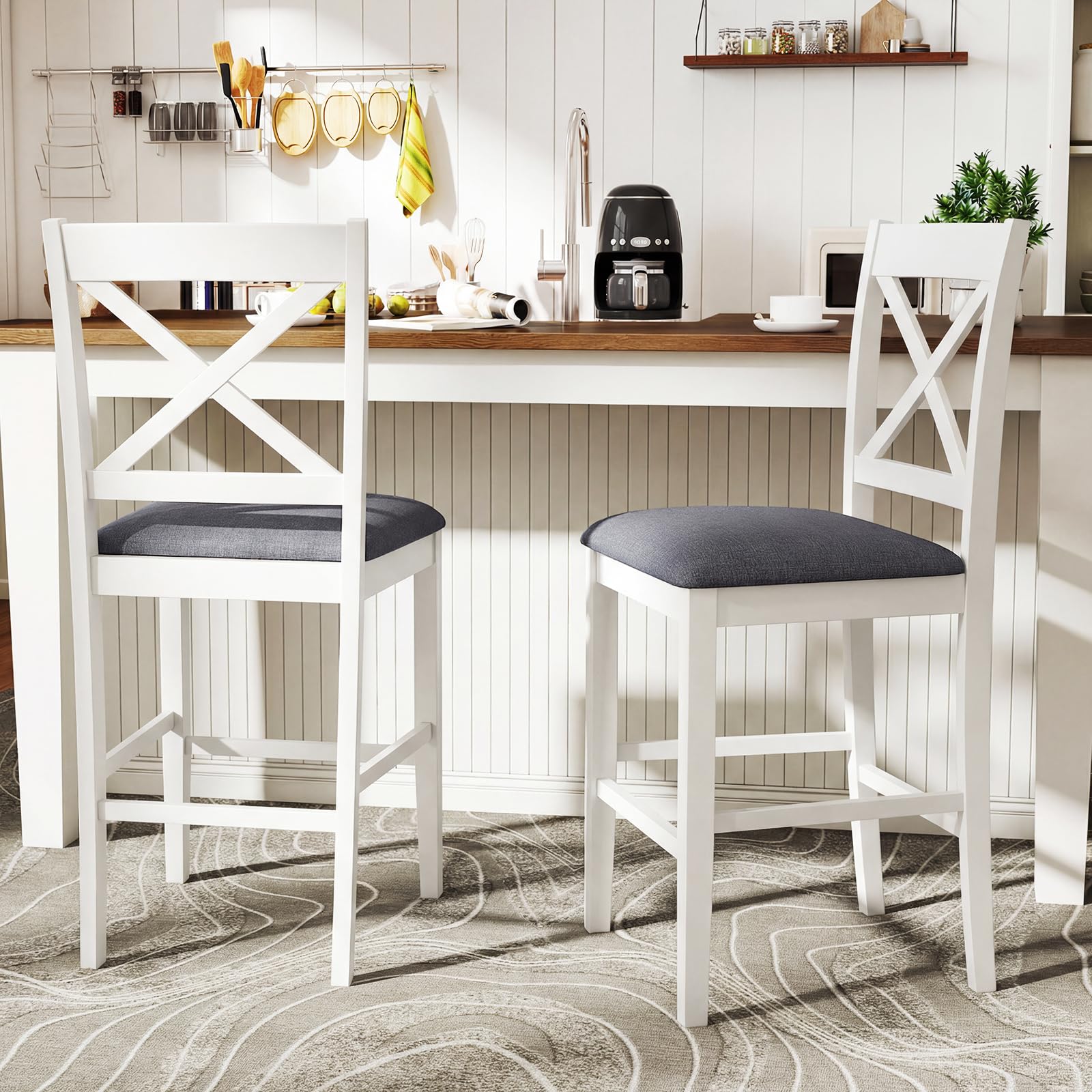 Giantex 24" Bar Stools Set of 4, Farmhouse Counter Height Barstools w/Footrest, Cross Back, Comfortable Linen Cushion, Upholstered Wood Bar Chairs for Kitchen Island Dining Room Cafe, Walnut & Beige