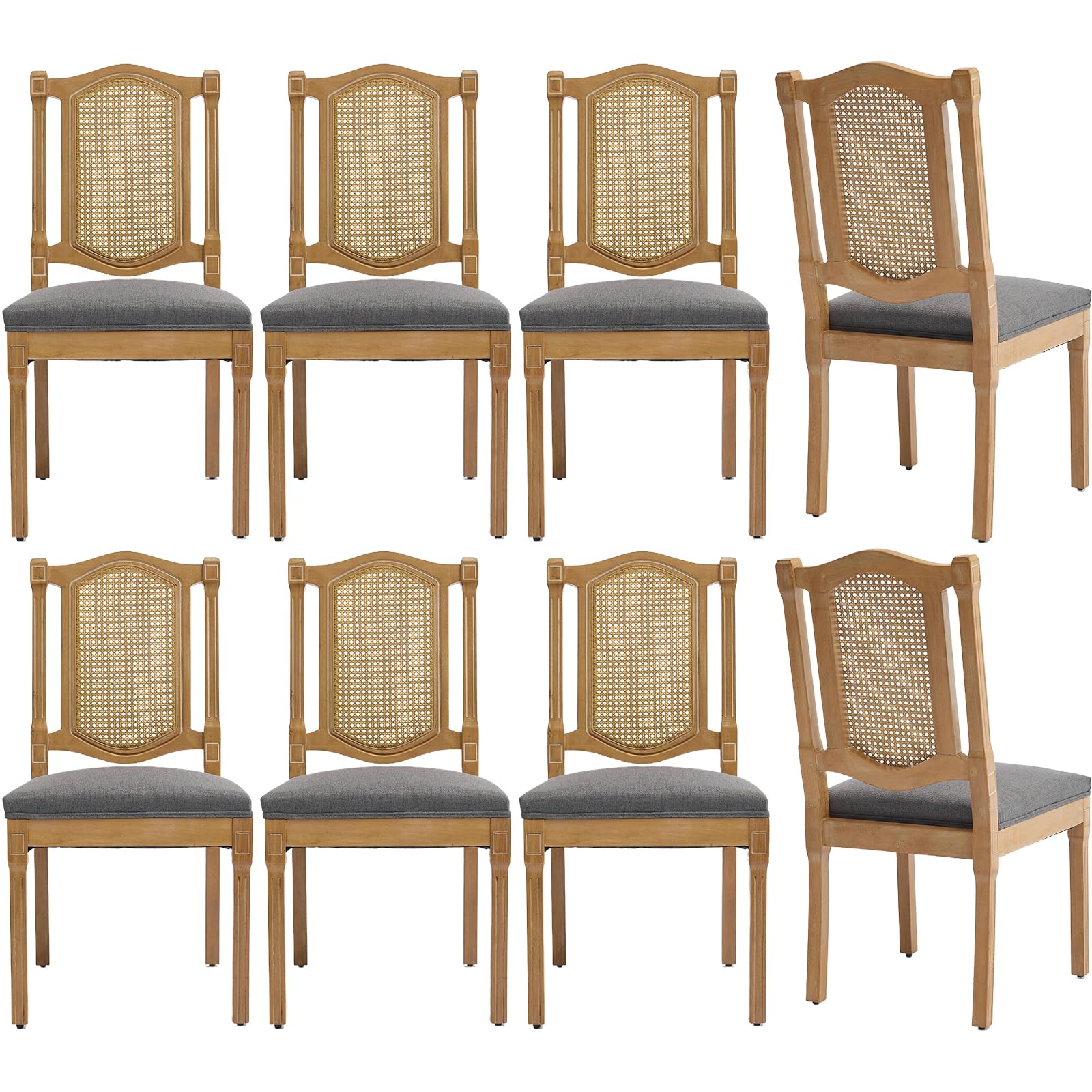 Vintage French Rattan Dining Chairs Set of 6, Square Back Side Chairs with Rattan Backrest, Upholstered Linen Seat and Solid Wood Frame, Sillas de Comedor for Dining Room & Kitchen, Dark Gray