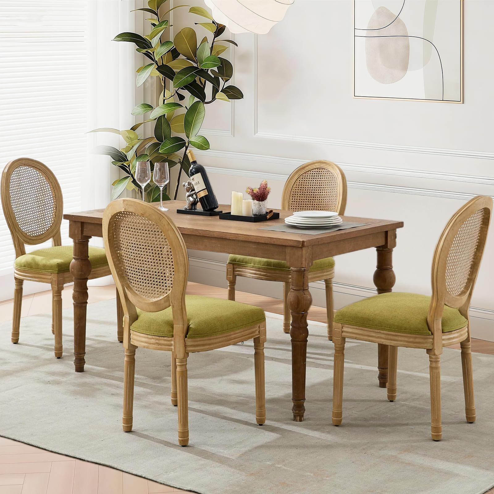 Rattan Back Upholstered Dining Chairs Set of 4 French Country Oval Kitchen Side Chairs with Wood Legs for Dining Room, Kitchen, Restaurant(Beige-Rattan)