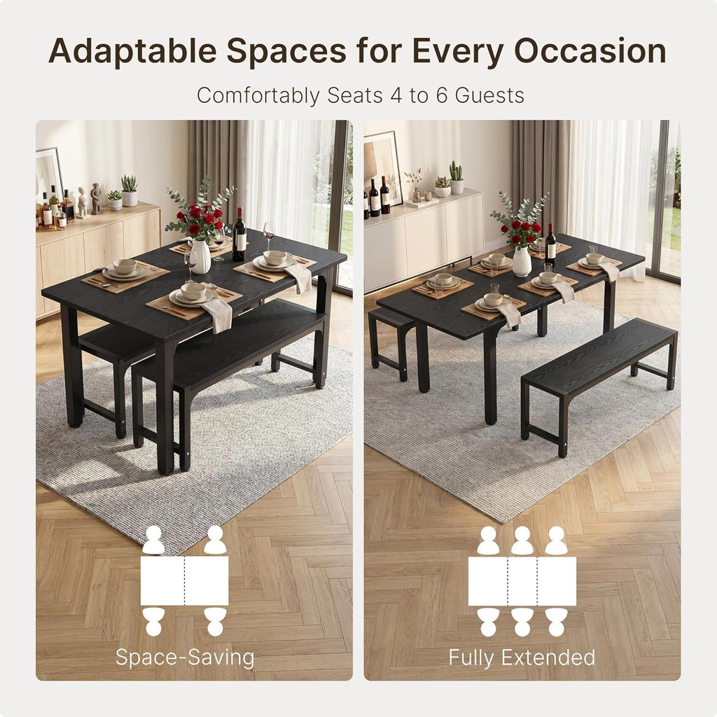 Ahomly 63“ Large Extendable Dining Table Set for 4-6 with 180° Smart-Flip Pivot, Kitchen Table Set with Bench, Dining Room Table with Metal Frame & MDF Board, Perfect for Small Space, Black