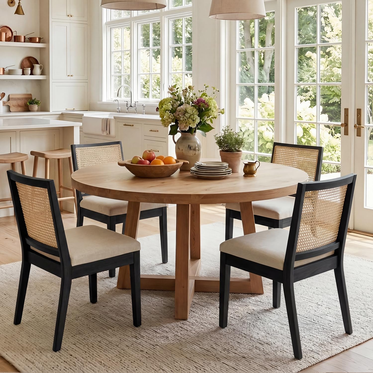 HNY Farmhouse Rattan Dining Chairs Set of 4, Natural Solid Hardwood Frame, Upholstered Linen Seat, Ergonomic Cane Back Dining Room Chairs for Kitchen, Dining Room, Apartment, Beige