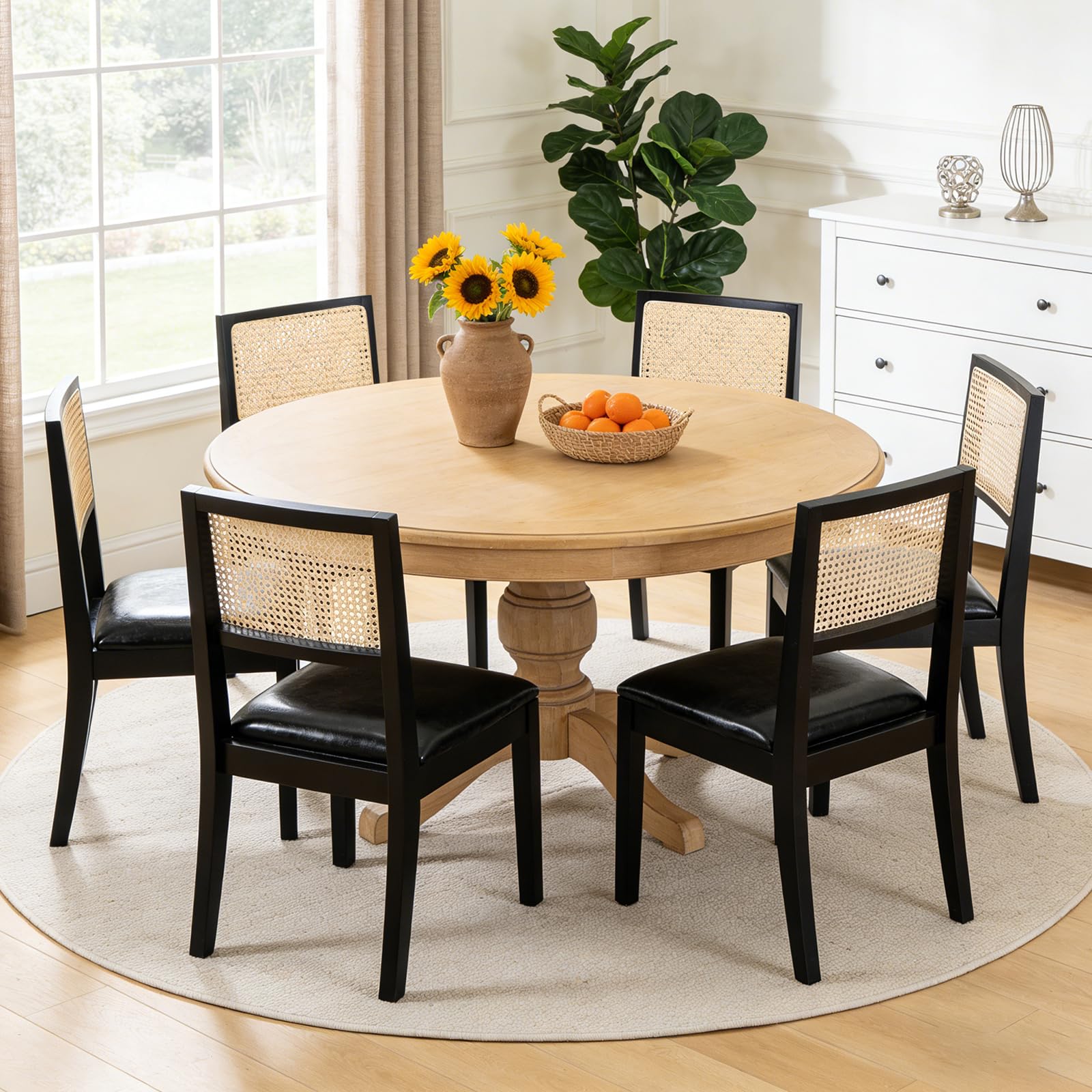 Farmhouse Rattan Dining Chairs Set of 4,Cane Back Kitchen Dining Room Chairs, Upholstered Mid Century Modern Rattan Chair Comfy Side Wood Chair for Living Room/Restaurant, Linen Fabric, Beige
