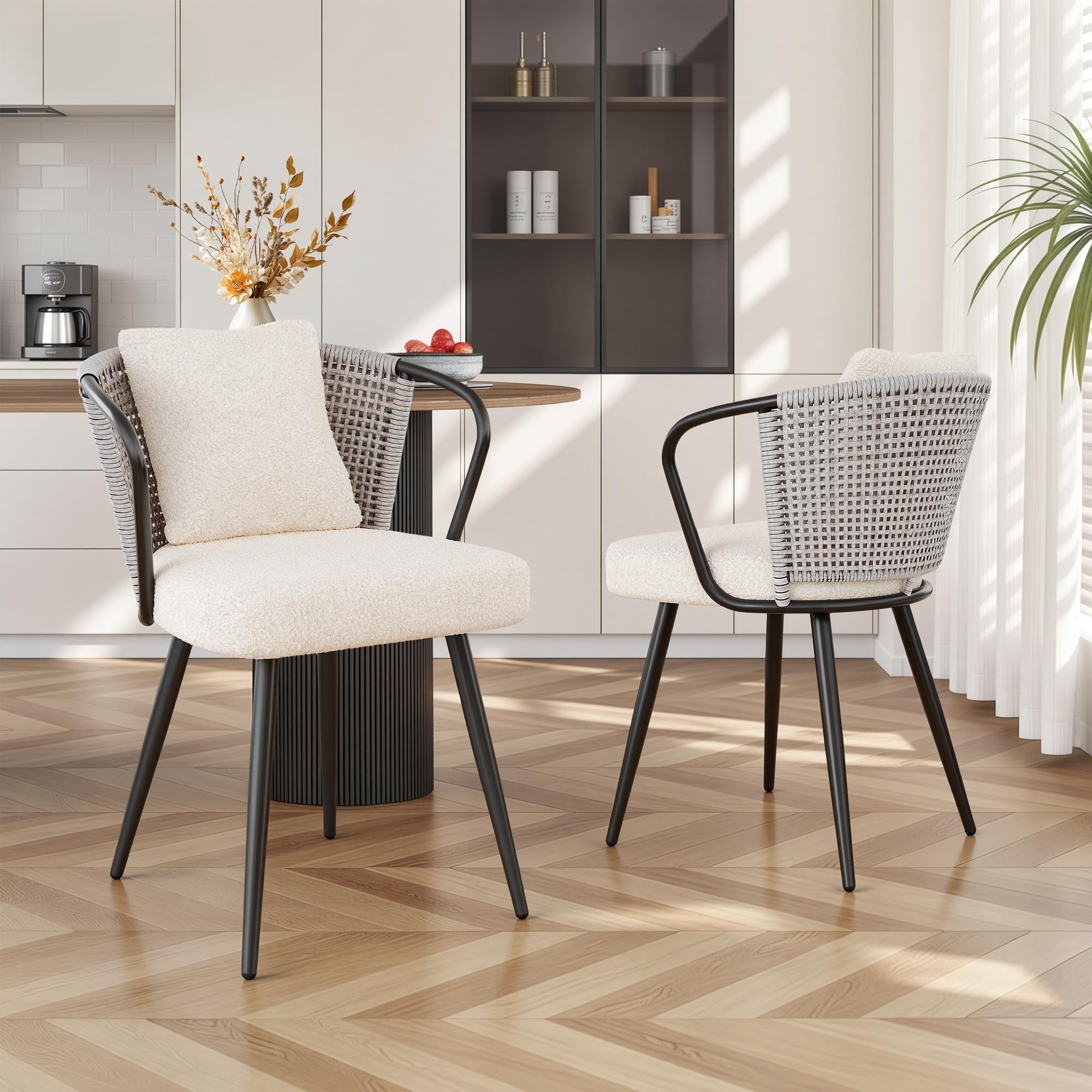 Rattan Dining Chairs Set of 4, Modern Upholstered Kitchen Chair with Metal Legs, Ergonomic Curved Backrest, Mid Century Living Room Chairs with Throw Pillow, Natural