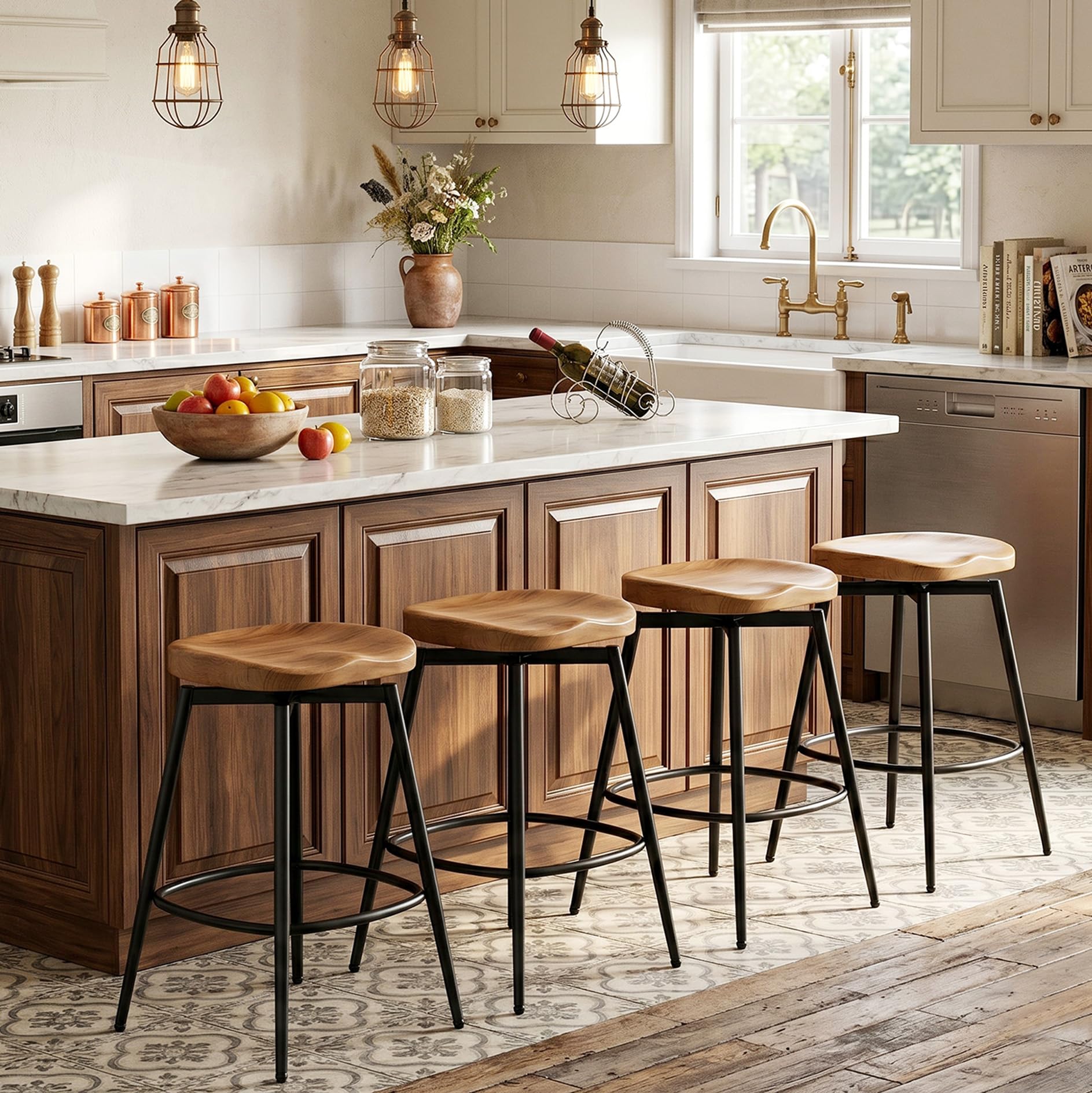 Flouki Bar Stools Set of 4, 25 Inch Solid Wood Saddle Barstools, Counter Height Bar Stools with Swivel Mechanism, Robust Metal Structure for Kitchen Island, Dining Room, Easy Assembly, Brown