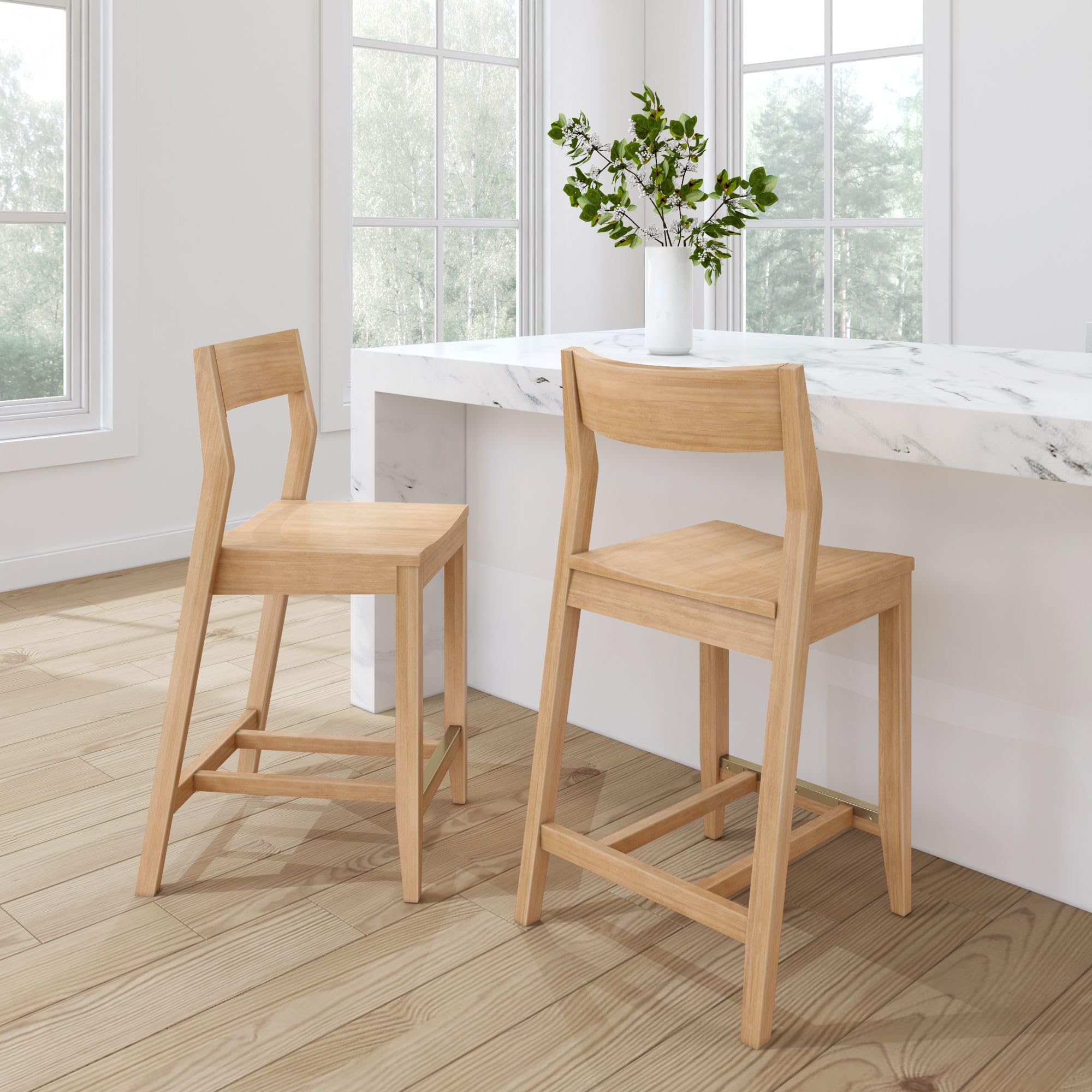 Plank+Beam Modern Bar Height Chairs, 44 Inch, Set of 2 Solid Wood Dining Chairs for Home Bar, Kitchen, Contemporary Seating for Dining Room, Pecan