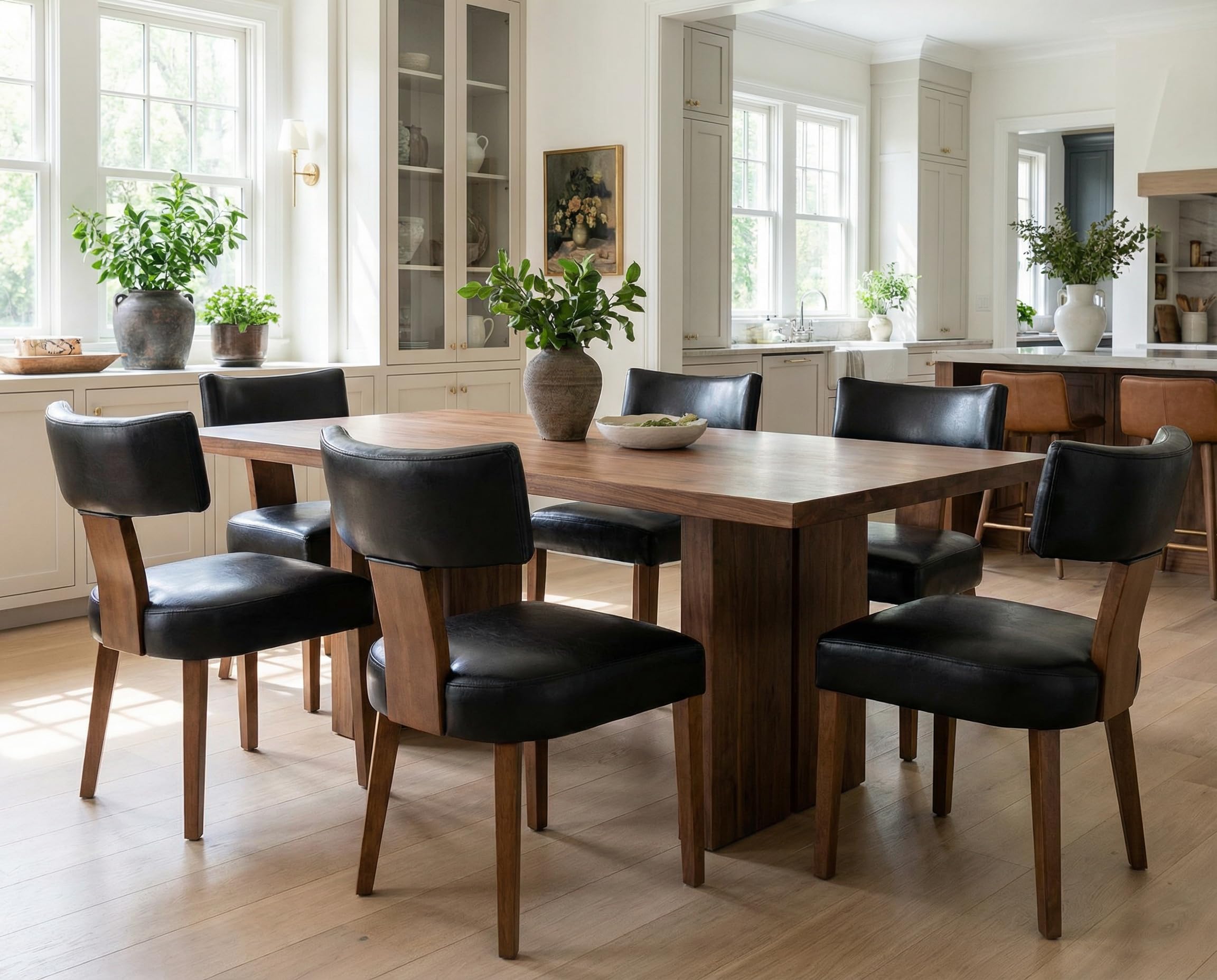 RIVOVA Rattan Dining Chairs Set of 4, Mid Century Modern Dining Chair Upholstered Linen Fabric Kitchen Side Chair, Modern Kitchen Armless Solid Wood Dining Chairs, Beige