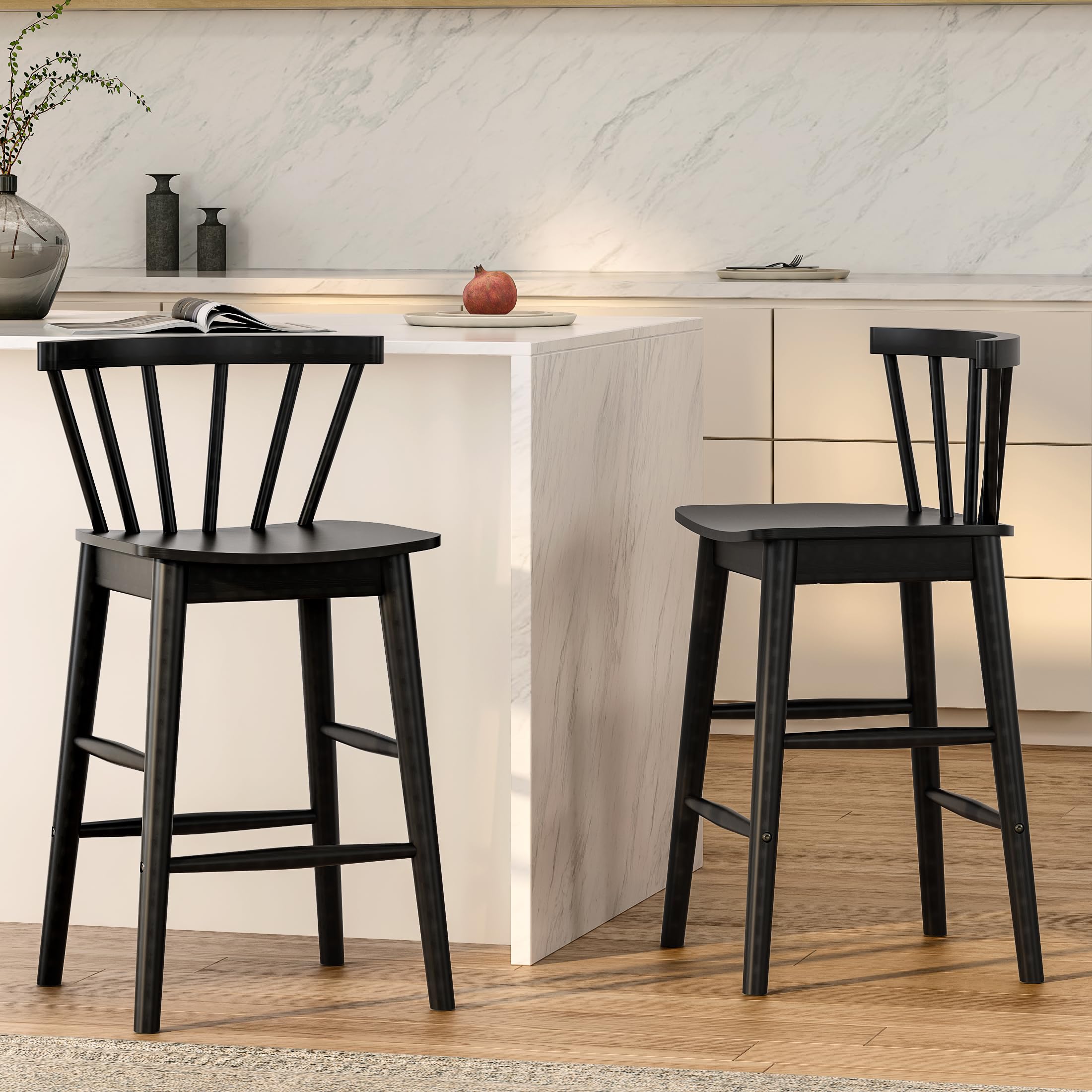 Modern Bar Stools Set of 2, 24" Wooden Counter Height Barstools, Modern Armless Farmhouse Bar Dining Chairs with Back & Footrest for Kitchen Island Pub, Natural Oak
