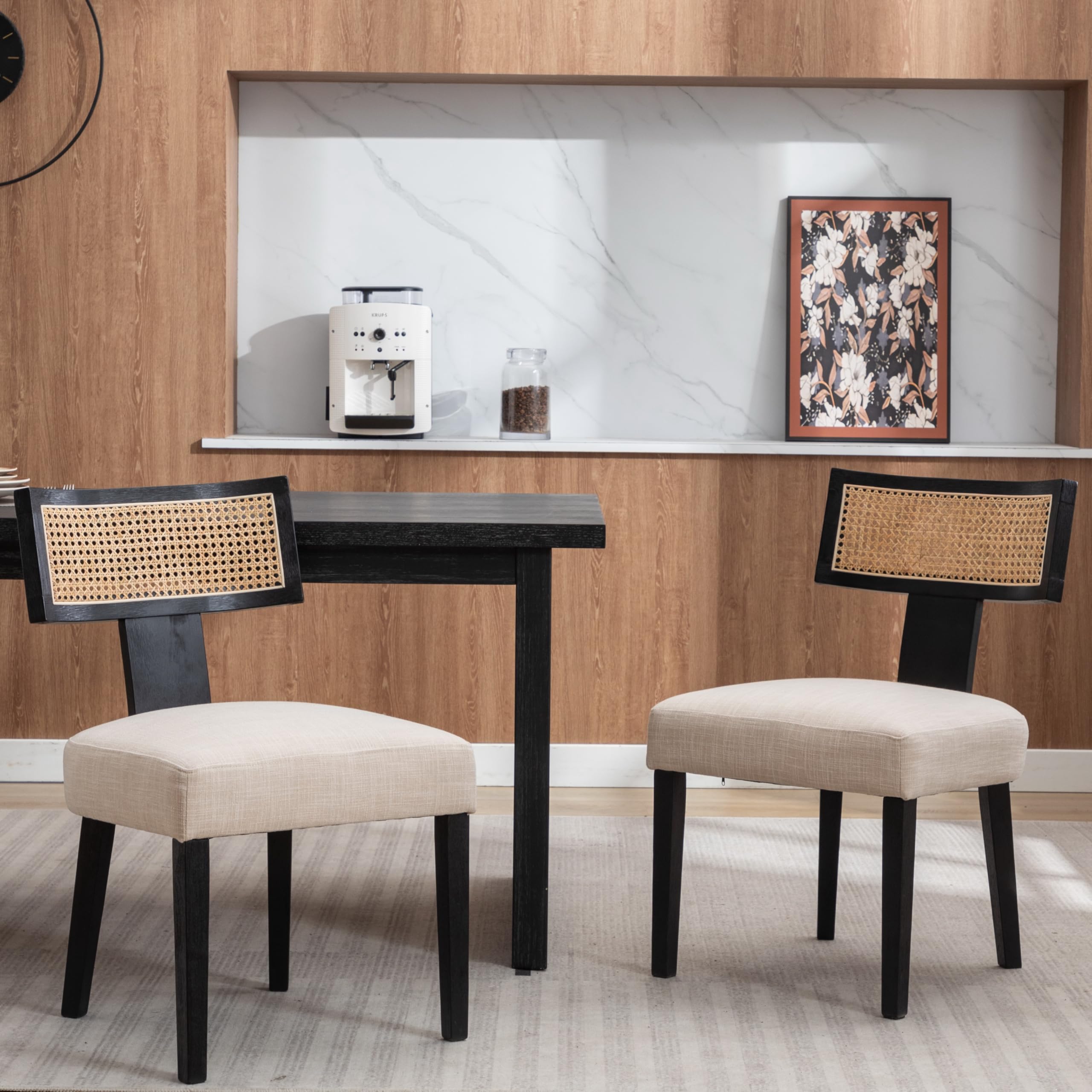 RIVOVA Rattan Dining Chairs Set of 4, Mid Century Modern Dining Chair Upholstered Linen Fabric Kitchen Side Chair, Modern Kitchen Armless Solid Wood Dining Chairs, Beige