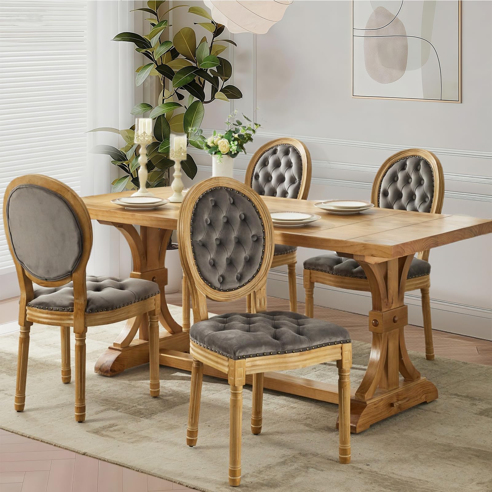 Rattan Back Upholstered Dining Chairs Set of 4 French Country Oval Kitchen Side Chairs with Wood Legs for Dining Room, Kitchen, Restaurant(Beige-Rattan)