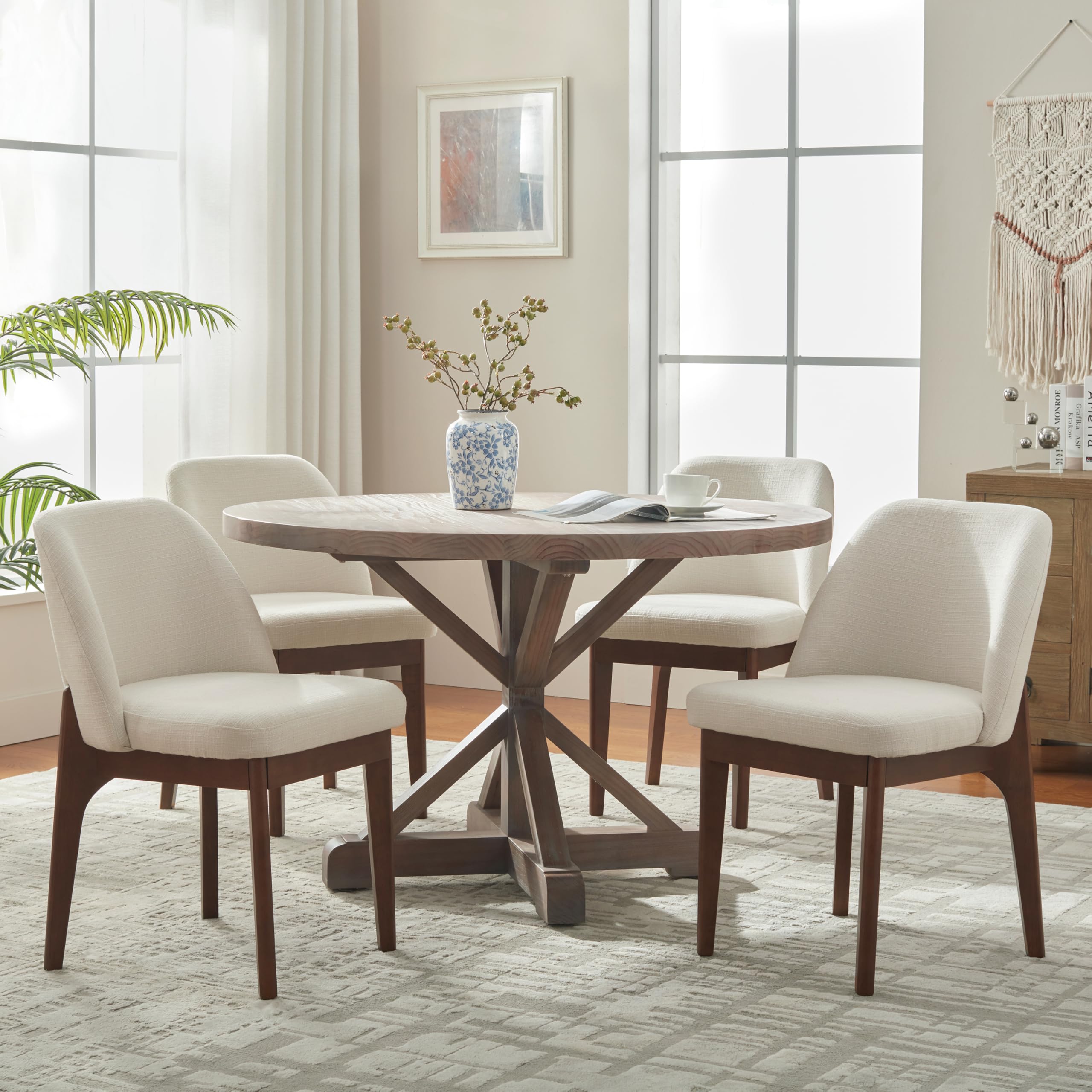 VKNOW Modern Dining Chairs Set of 2, Faux Leather Kitchen Chairs with Wood Legs, Upholstered Side Chair for Kitchen Dining Room, Beige