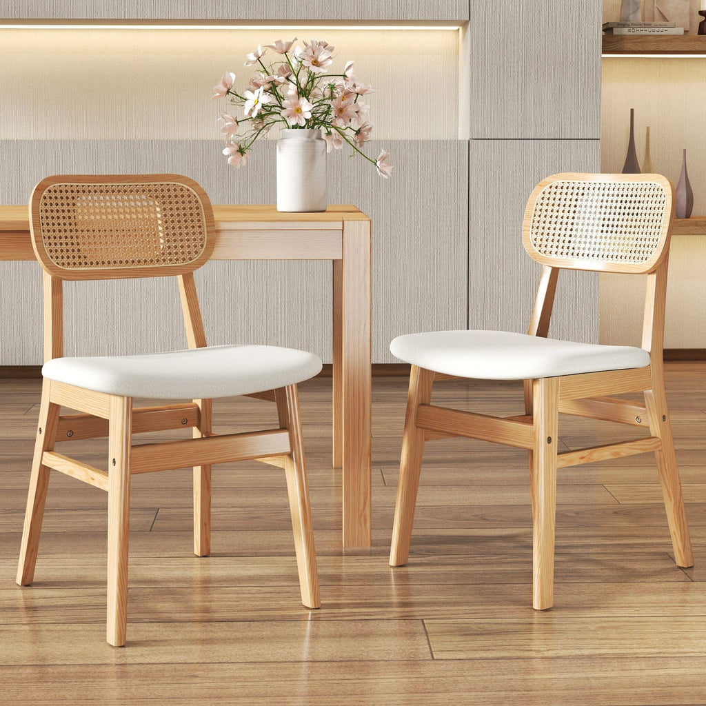 ROCITY Rattan Dining Chairs Set of 2 White Faux Leather Dining Room Chairs Natural Wooden Kitchen Chairs Farmhouse Side Chairs