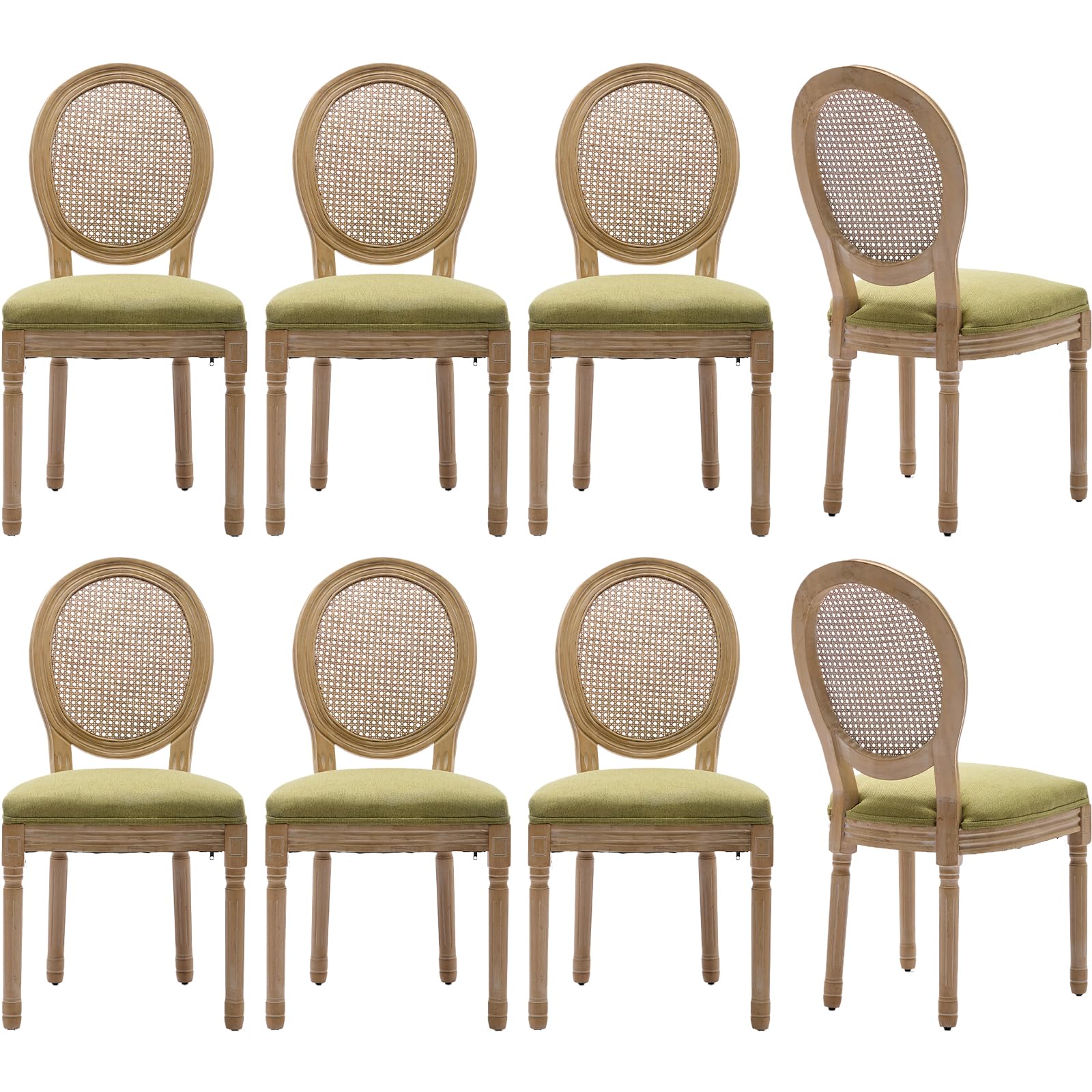 Vintage French Rattan Dining Chairs Set of 4, Solid Wood Frame with Round Rattan Back and Linen Upholstered Seat, Farmhouse Accent Sillas de Comedor Side Chairs for Dining Room & Kitchen, Beige
