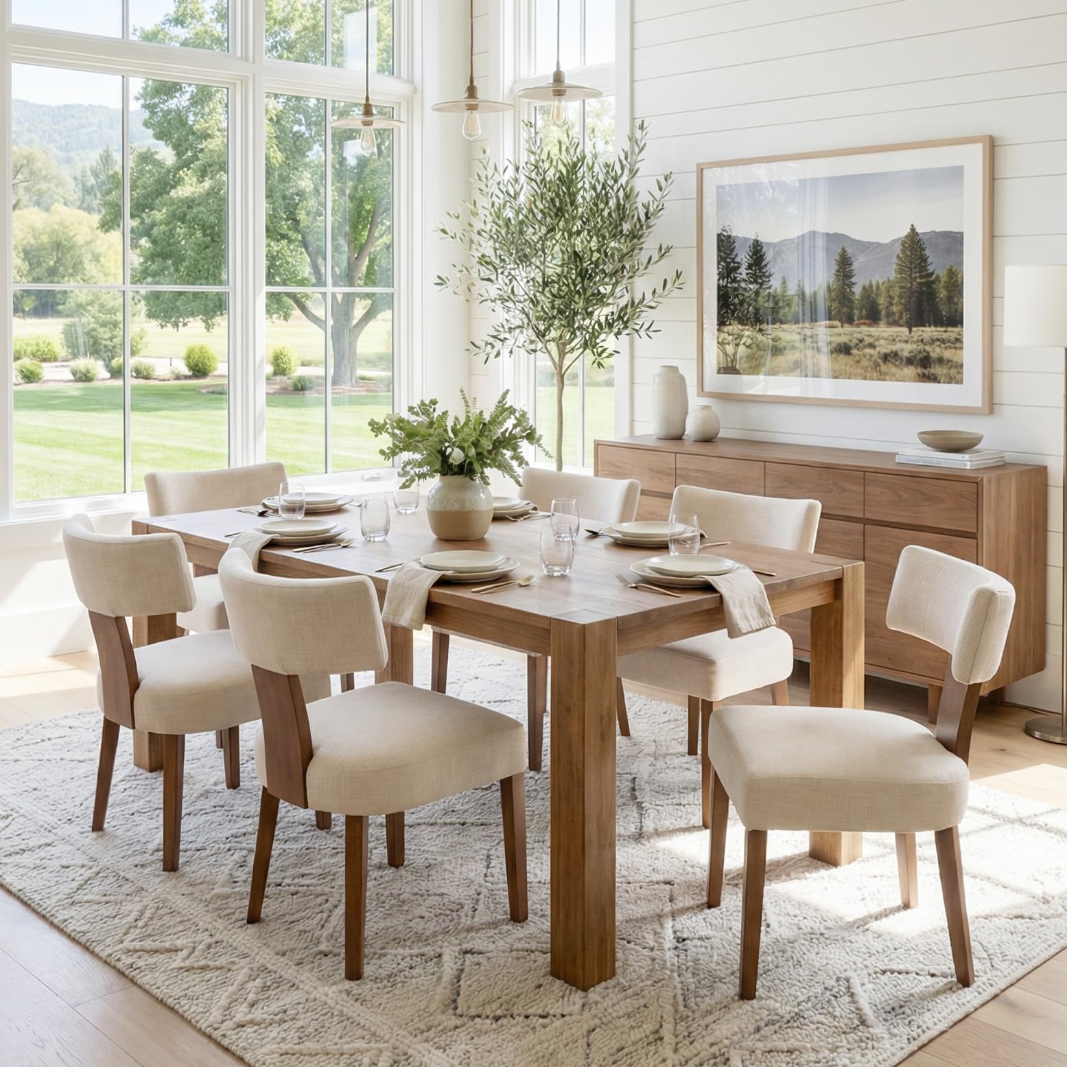 RIVOVA Rattan Dining Chairs Set of 4, Mid Century Modern Dining Chair Upholstered Linen Fabric Kitchen Side Chair, Modern Kitchen Armless Solid Wood Dining Chairs, Beige