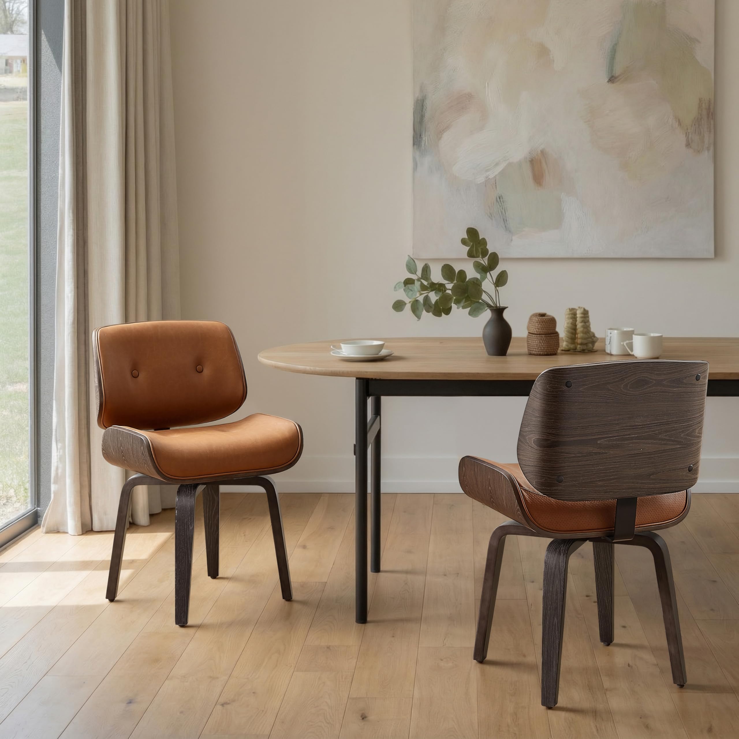 Zouron Swivel Dining Chairs, Mid Century Modern Desk Chairs Retro Faux Leather Chair with Wooden Legs, Kitchen Dining Room Chair with Upholstered Seat, 1 Pcs, Orange Brown