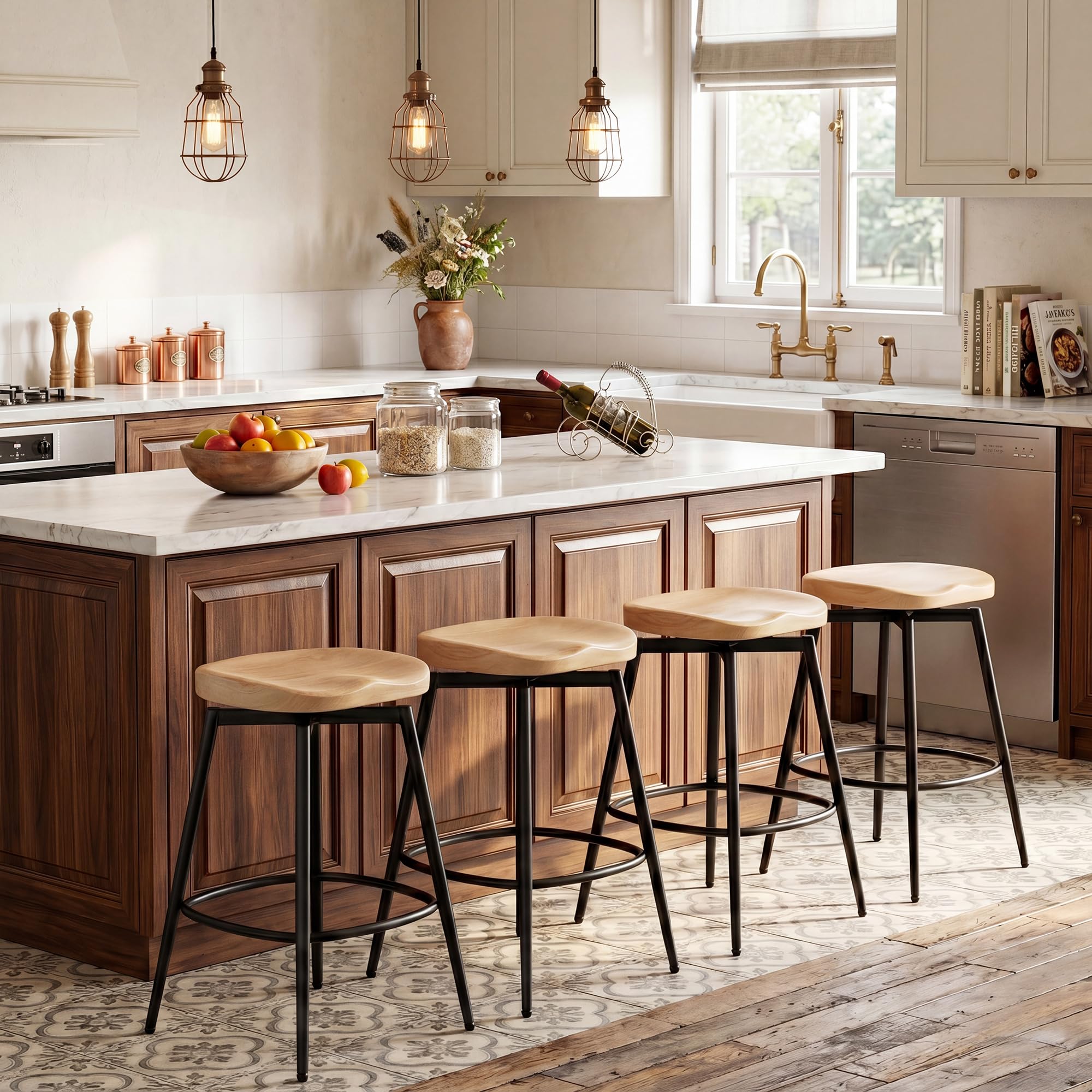 Flouki Bar Stools Set of 4, 25 Inch Solid Wood Saddle Barstools, Counter Height Bar Stools with Swivel Mechanism, Robust Metal Structure for Kitchen Island, Dining Room, Easy Assembly, Brown