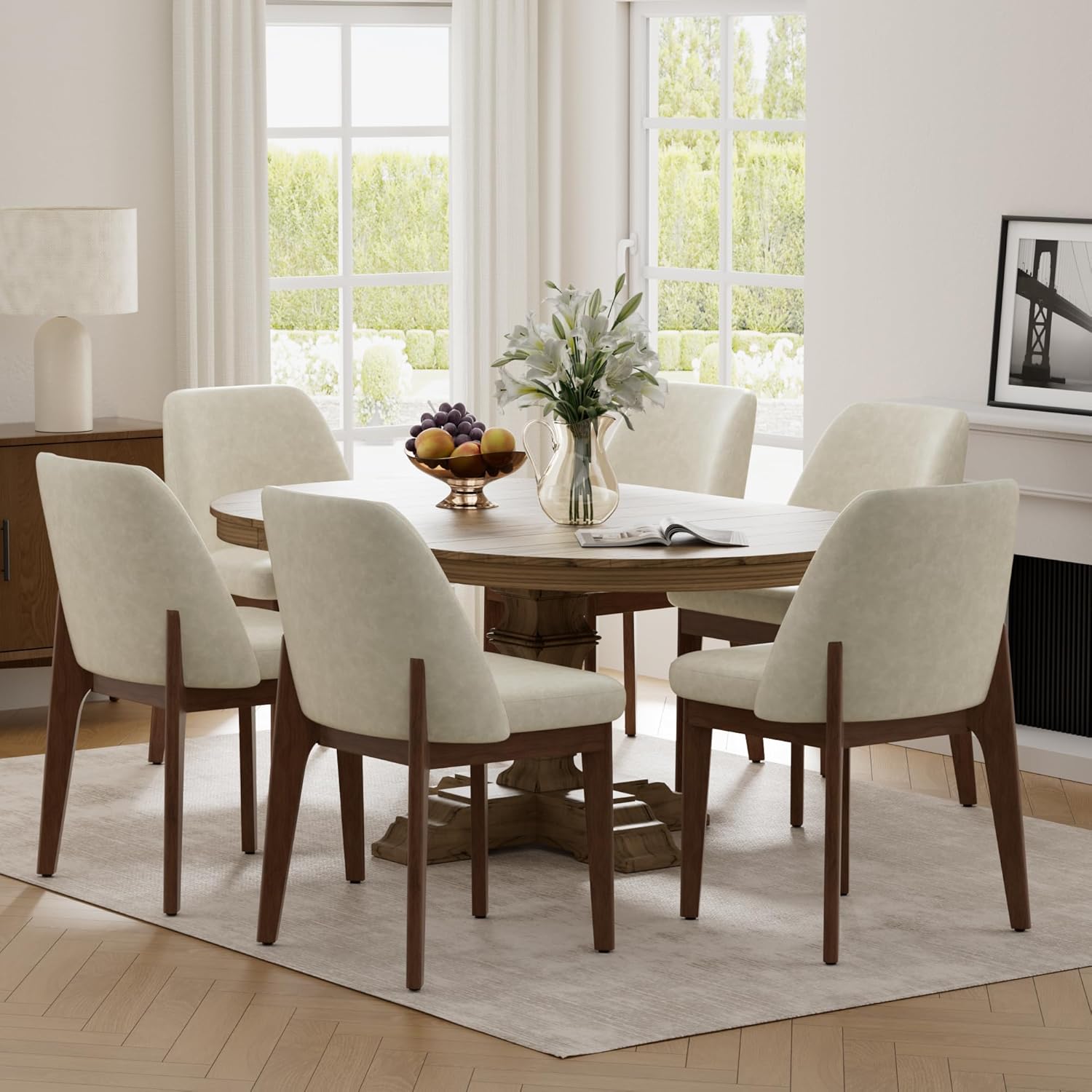 VKNOW Modern Dining Chairs Set of 2, Faux Leather Kitchen Chairs with Wood Legs, Upholstered Side Chair for Kitchen Dining Room, Beige