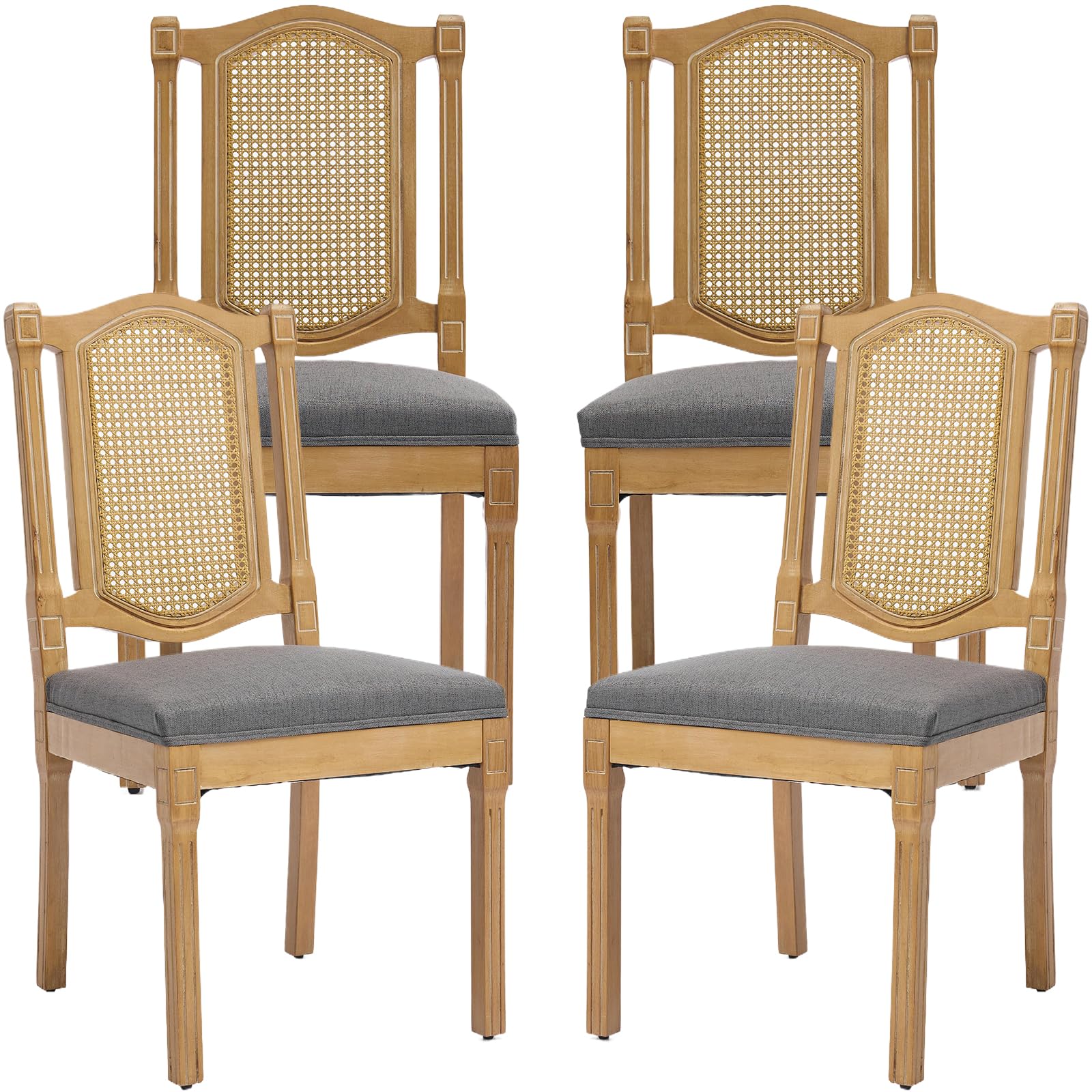 Vintage French Rattan Dining Chairs Set of 6, Square Back Side Chairs with Rattan Backrest, Upholstered Linen Seat and Solid Wood Frame, Sillas de Comedor for Dining Room & Kitchen, Dark Gray