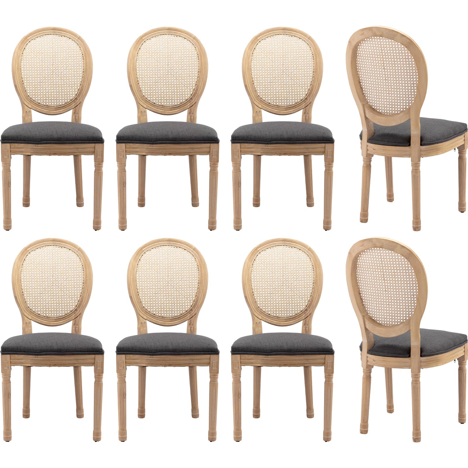 Vintage French Rattan Dining Chairs Set of 4, Solid Wood Frame with Round Rattan Back and Linen Upholstered Seat, Farmhouse Accent Sillas de Comedor Side Chairs for Dining Room & Kitchen, Beige