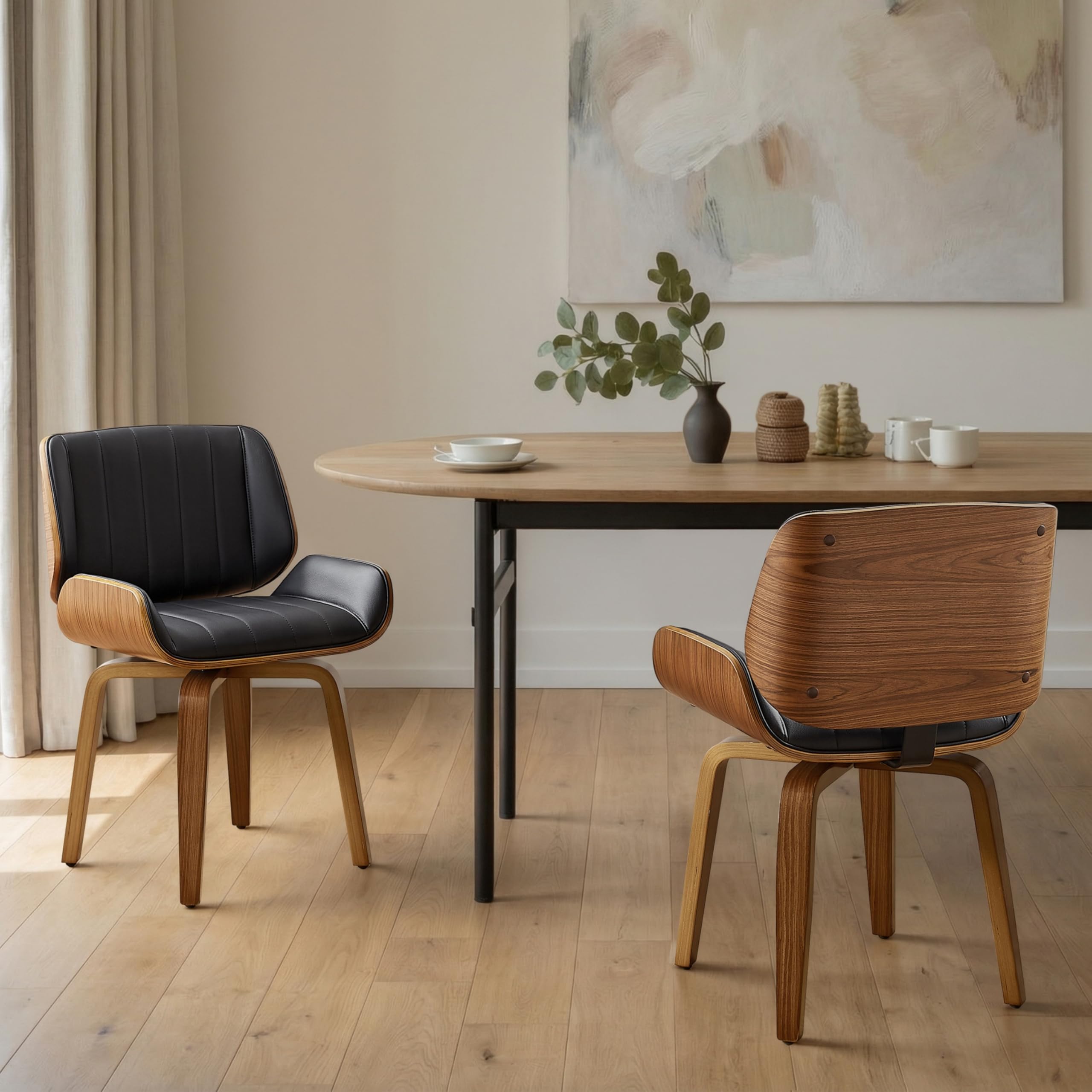 Zouron Swivel Dining Chairs, Mid Century Modern Desk Chairs Retro Faux Leather Chair with Wooden Legs, Kitchen Dining Room Chair with Upholstered Seat, 1 Pcs, Orange Brown