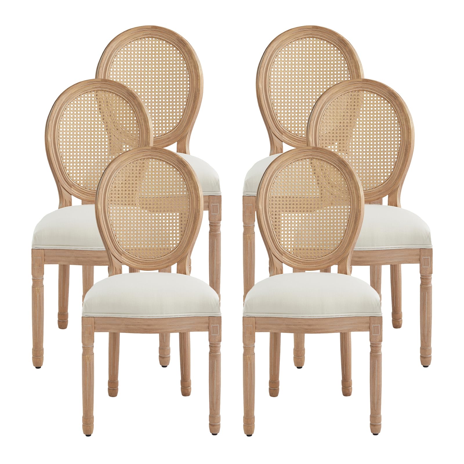 Nrizc French Country Dining Chairs Set of 4, Farmhouse Fabric Chairs with Round Back, Rattan Dining Chair, Oval Side Chairs for Dining Room/Living Room/Kitchen/Restaurant