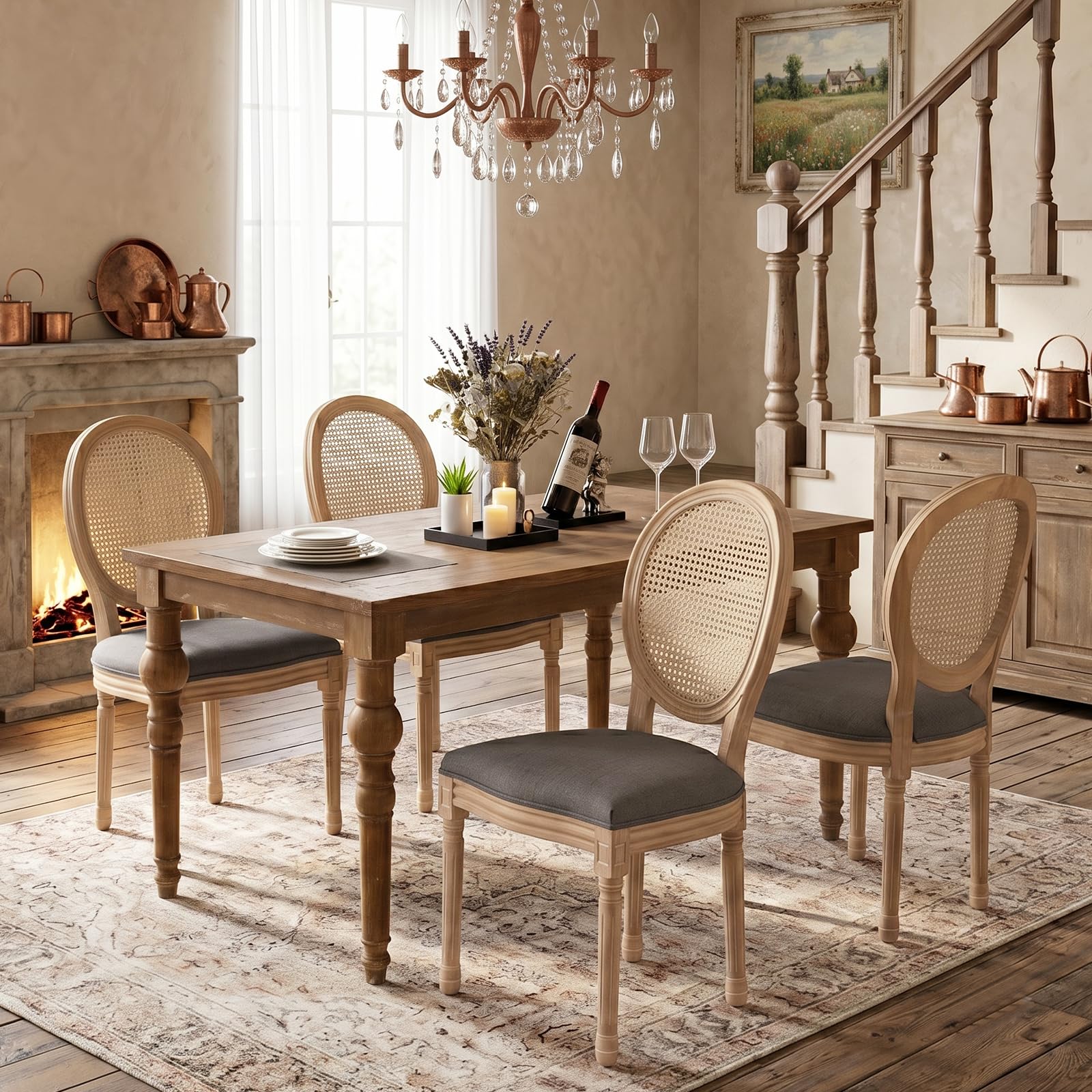 SoarFlash French Dining Chairs Set of 2, Vantage Dining Chair with Round Back, Wood Leg Farmhouse Country Rattan Dining Chair for Kitchen,Bedroom,Beige