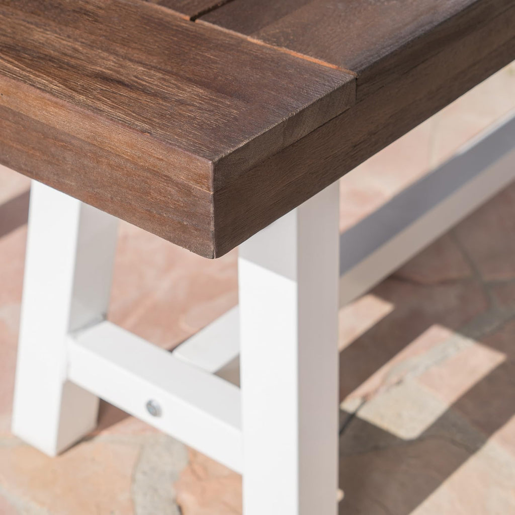 GDFStudio Cassie Outdoor Modern Industrial 3 Piece Acacia Wood Picnic Dining Set with Benches, Sandblasted Dark Brown and White Rustic Metal