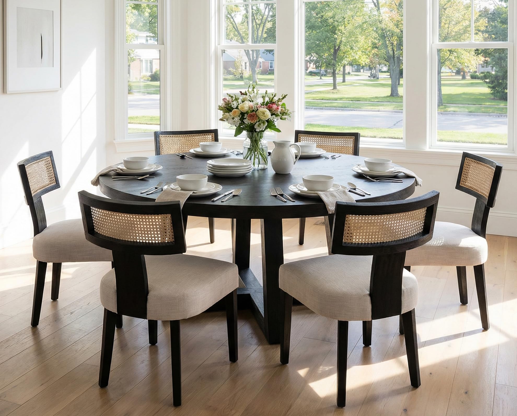 RIVOVA Rattan Dining Chairs Set of 4, Mid Century Modern Dining Chair Upholstered Linen Fabric Kitchen Side Chair, Modern Kitchen Armless Solid Wood Dining Chairs, Beige