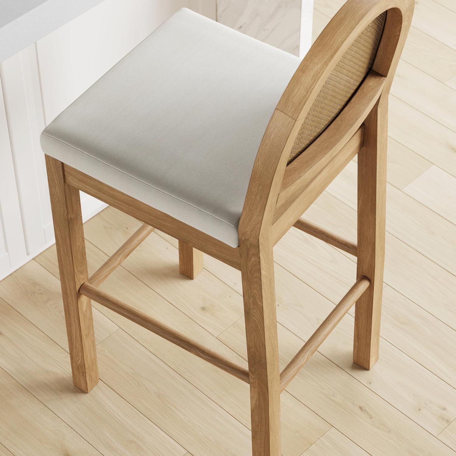 Nathan James Bailey 29 in. Boucle Bar Stool with Back, Bar Height Chair with Natural Woven Rattan Back and Solid Wood Legs, Light Brown, Set of 2