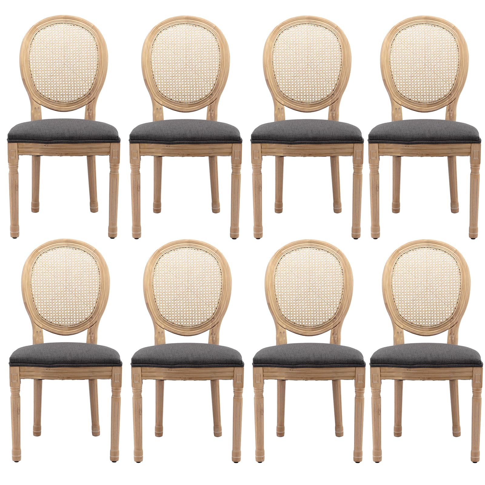 French Country Dining Chairs Set of 4，Fabric Upholstered Dining Chair with Round Back and Solid Leg, Rattan Kitchen Chairs for Dining Room, Living Room, Kitchen, Olive Green