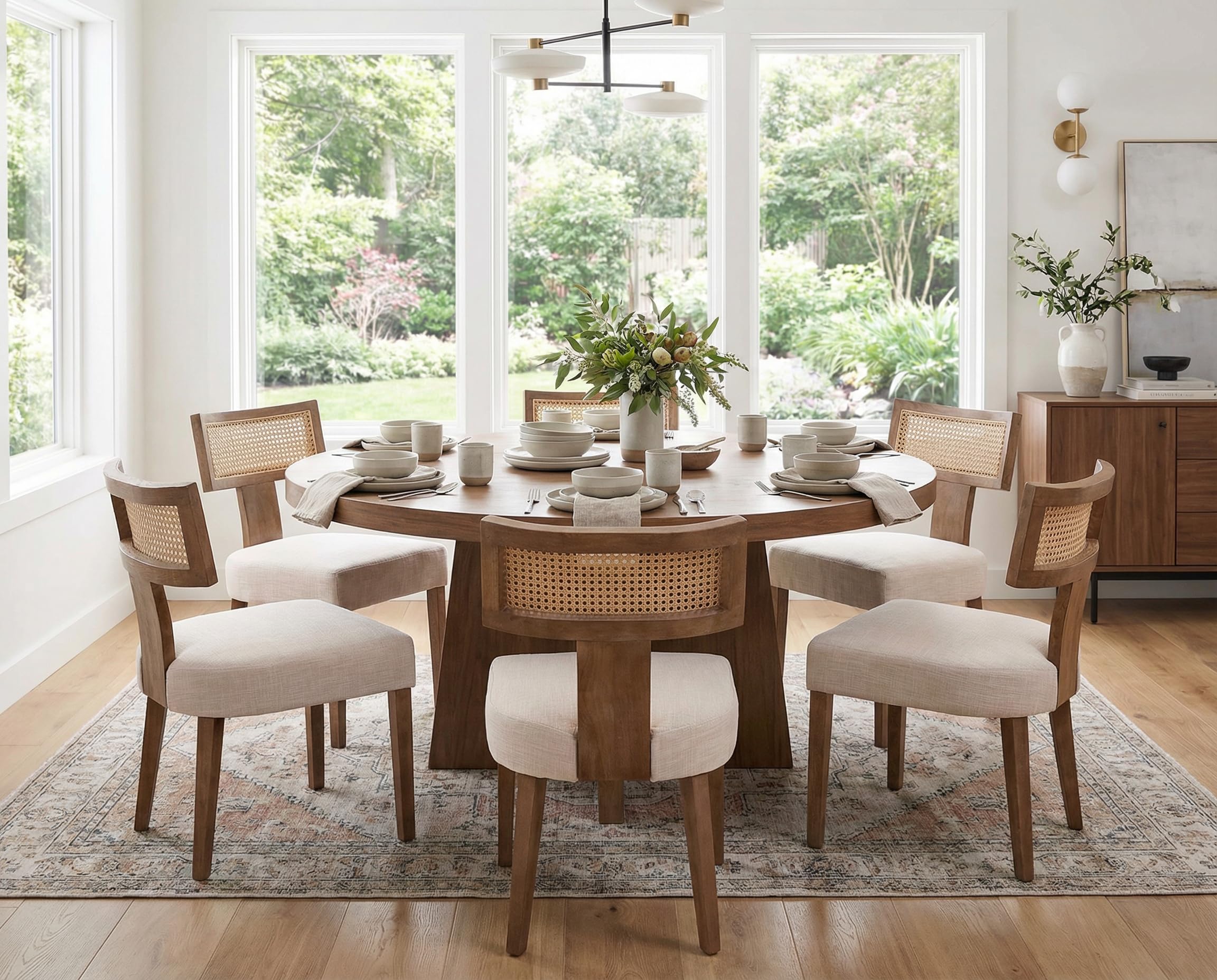 RIVOVA Rattan Dining Chairs Set of 4, Mid Century Modern Dining Chair Upholstered Linen Fabric Kitchen Side Chair, Modern Kitchen Armless Solid Wood Dining Chairs, Beige