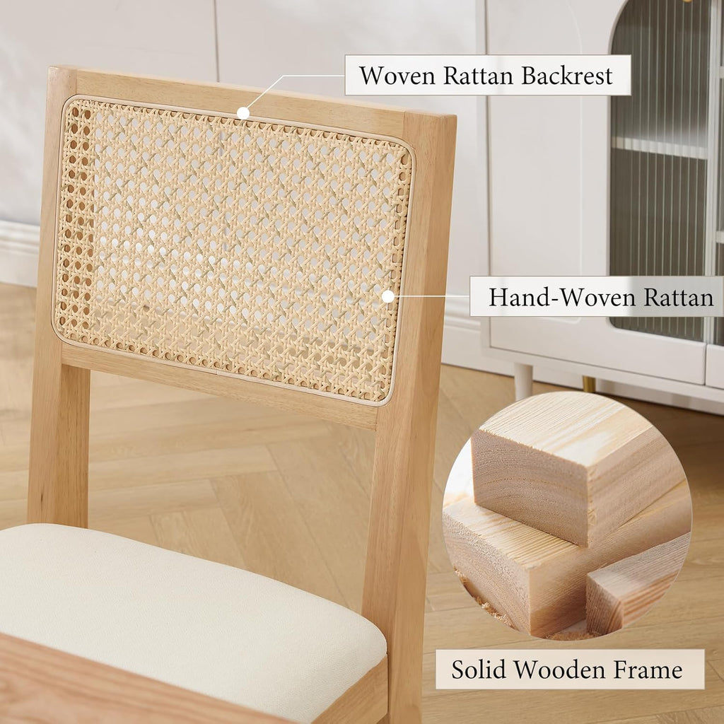 Farmhouse Rattan Dining Chairs Set of 4,Cane Back Kitchen Dining Room Chairs, Upholstered Mid Century Modern Rattan Chair Comfy Side Wood Chair for Living Room/Restaurant, Linen Fabric, Beige