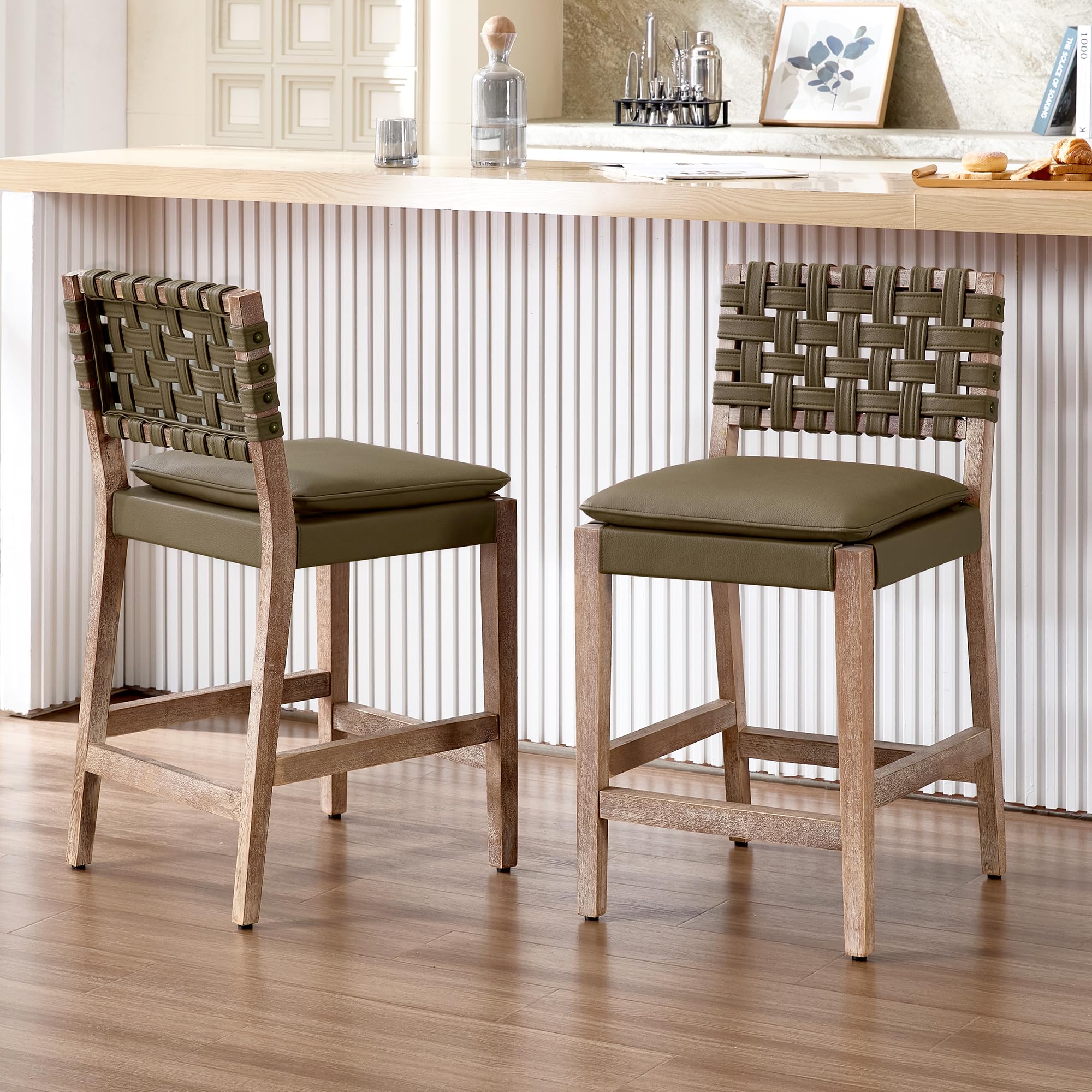 Modern Bar Stools Set of 2 Counter Height Barstools High Back Mid-Century Faux Leather Bar Chairs Solid Wood Kitchen Bar Stools for Kitchen Island Leather Beige 24IN