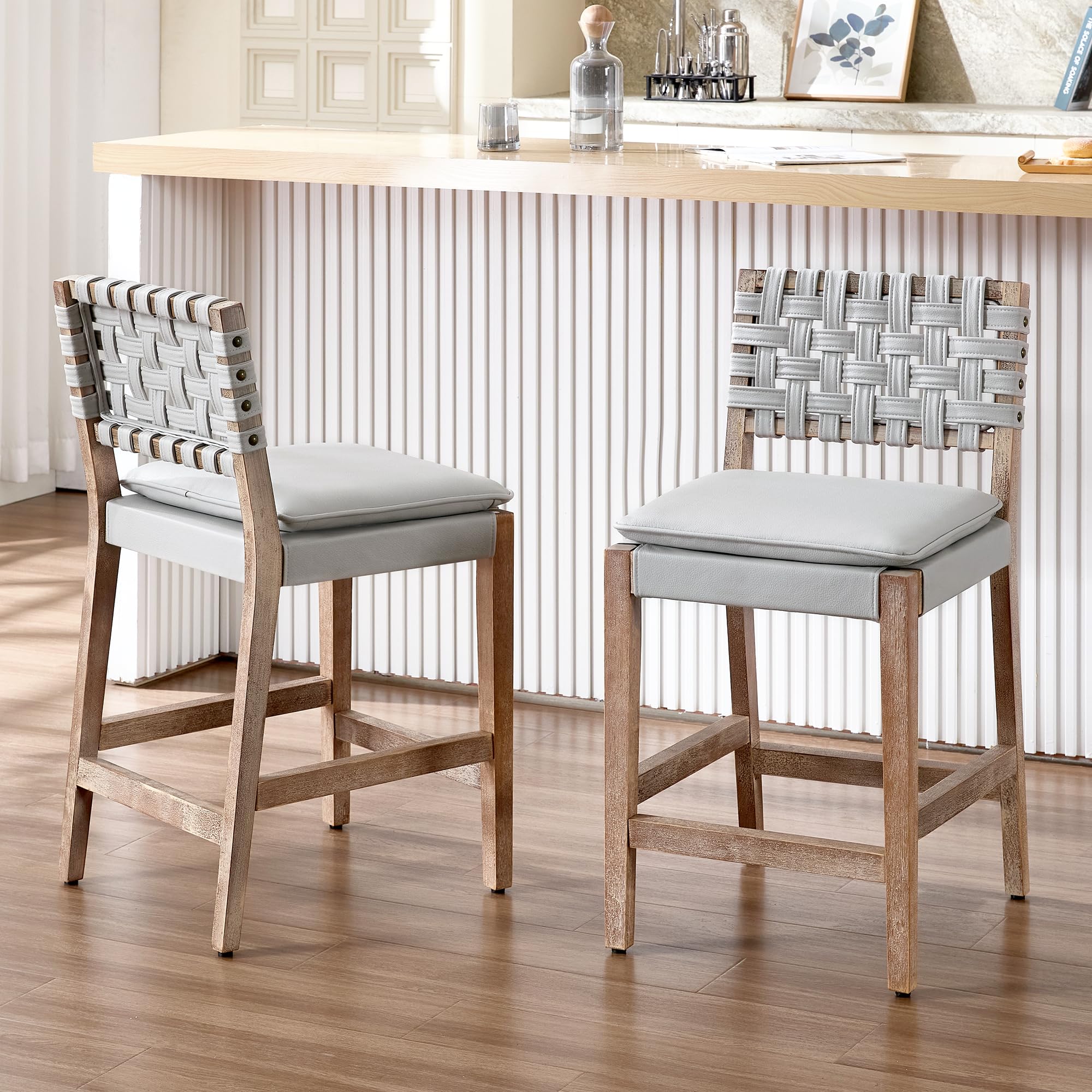 Modern Bar Stools Set of 2 Counter Height Barstools High Back Mid-Century Faux Leather Bar Chairs Solid Wood Kitchen Bar Stools for Kitchen Island Leather Beige 24IN