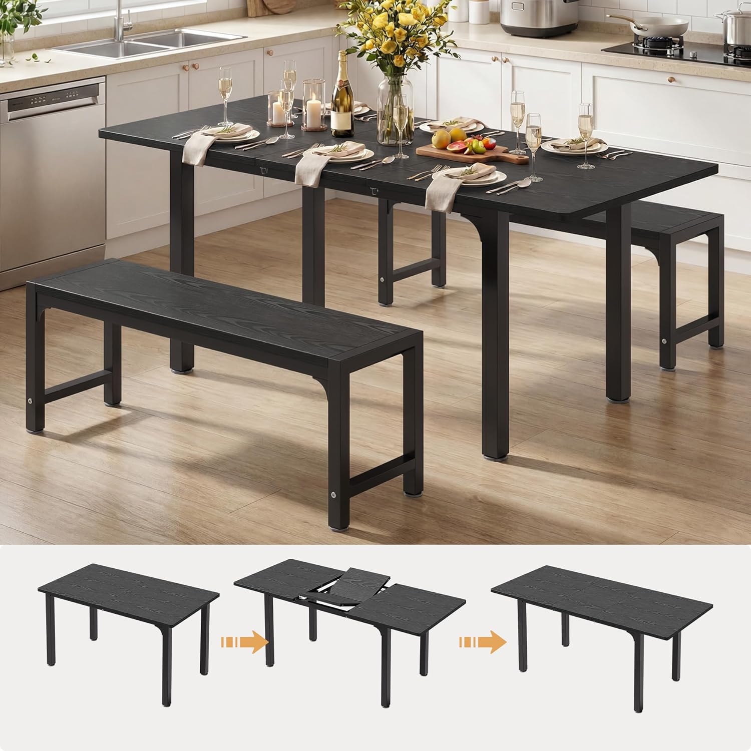 Ahomly 63“ Large Extendable Dining Table Set for 4-6 with 180° Smart-Flip Pivot, Kitchen Table Set with Bench, Dining Room Table with Metal Frame & MDF Board, Perfect for Small Space, Black