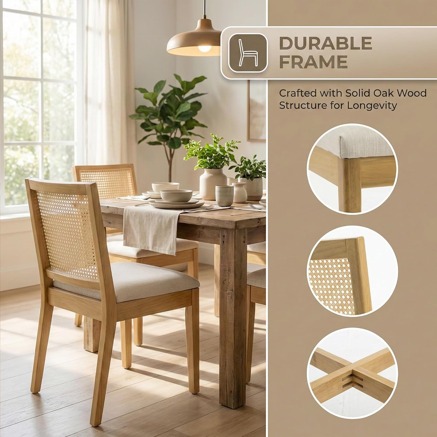 HNY Farmhouse Rattan Dining Chairs Set of 4, Natural Solid Hardwood Frame, Upholstered Linen Seat, Ergonomic Cane Back Dining Room Chairs for Kitchen, Dining Room, Apartment, Beige