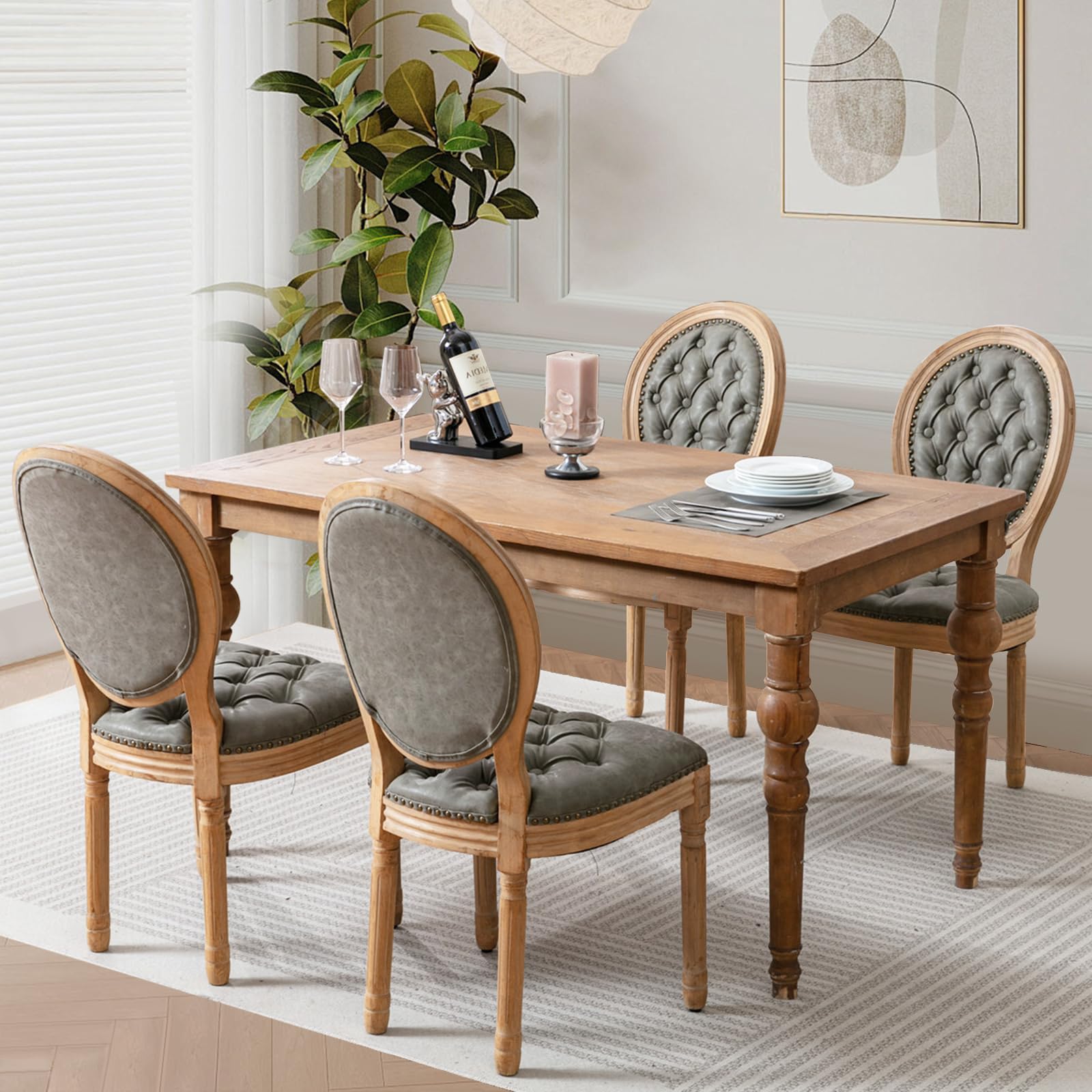 Rattan Back Upholstered Dining Chairs Set of 4 French Country Oval Kitchen Side Chairs with Wood Legs for Dining Room, Kitchen, Restaurant(Beige-Rattan)