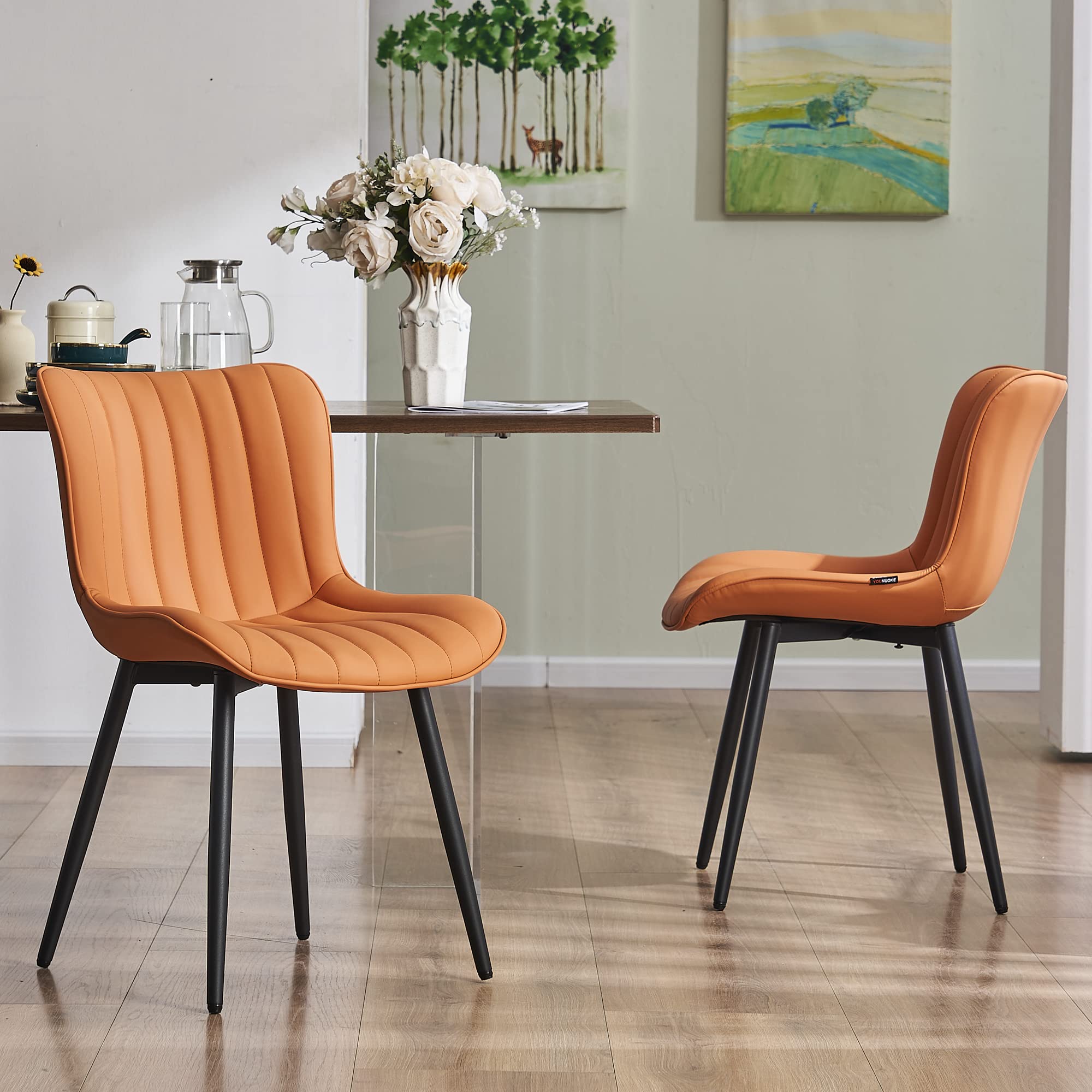 YOUNUOKE Mid-Century Modern Dining Chairs Set of 2, Blue PU Leather Upholstered Kitchen Chairs with Black Metal Legs, Armless Accent Chair for Dining Room, Guest Reception Room