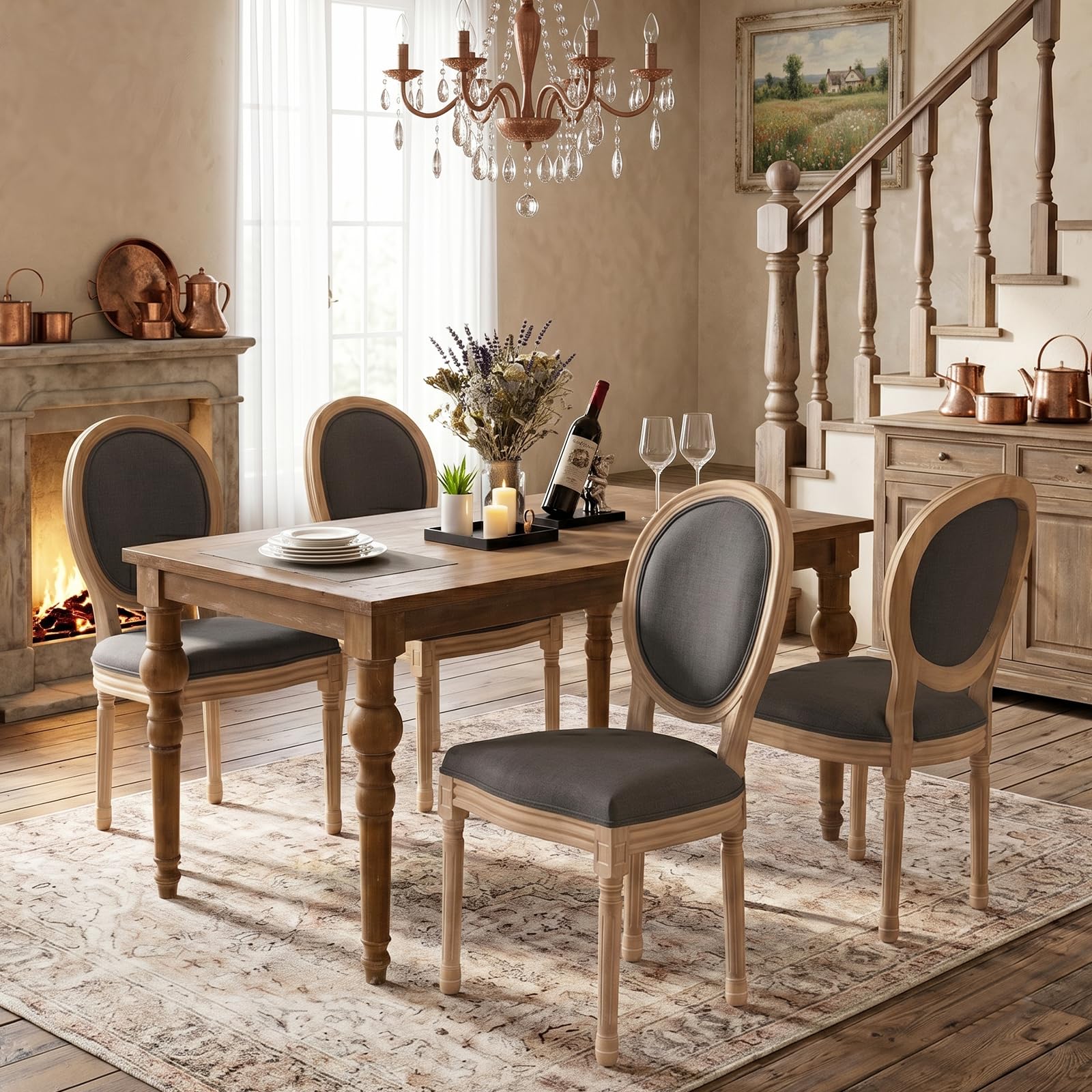 SoarFlash French Dining Chairs Set of 2, Vantage Dining Chair with Round Back, Wood Leg Farmhouse Country Rattan Dining Chair for Kitchen,Bedroom,Beige