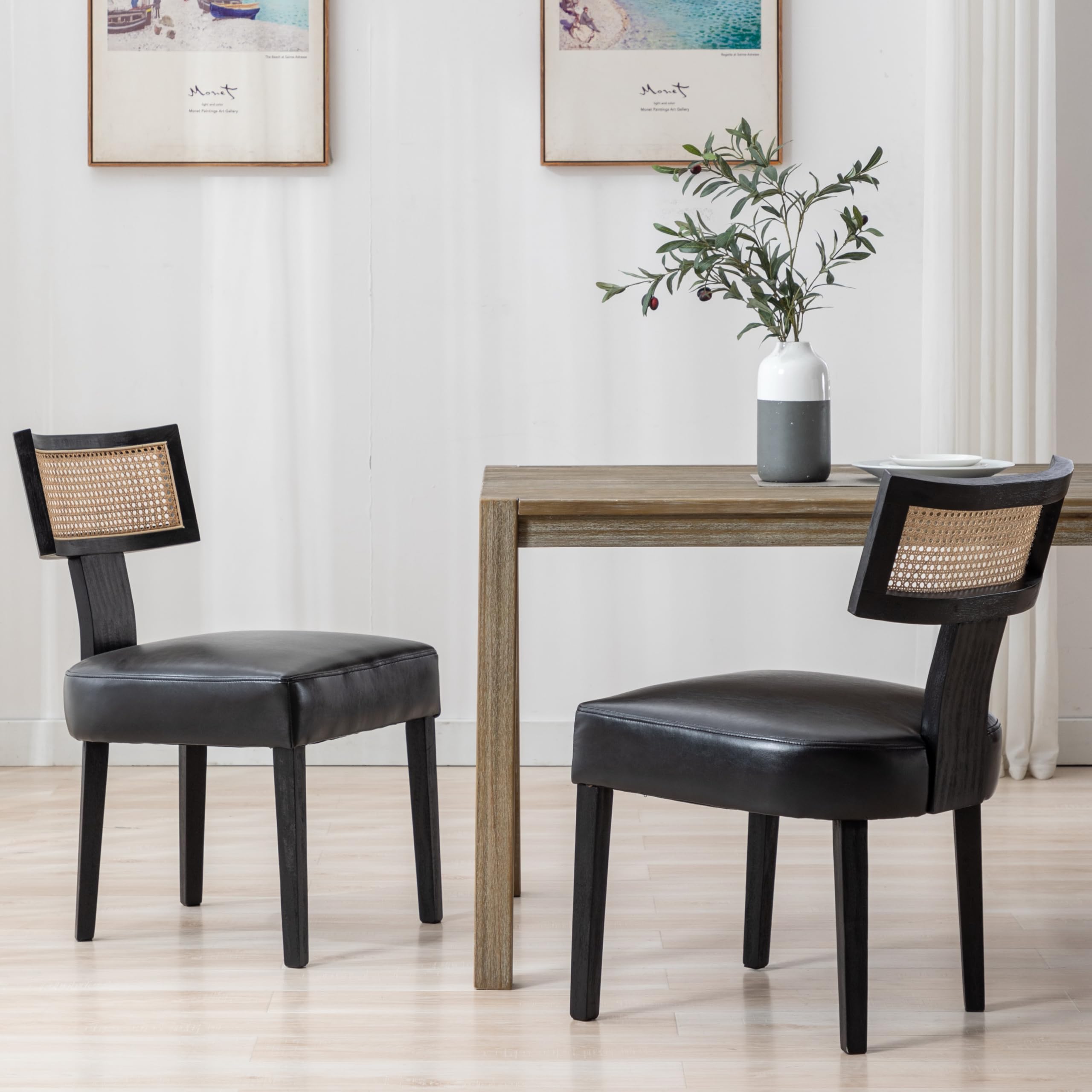 RIVOVA Rattan Dining Chairs Set of 4, Mid Century Modern Dining Chair Upholstered Linen Fabric Kitchen Side Chair, Modern Kitchen Armless Solid Wood Dining Chairs, Beige