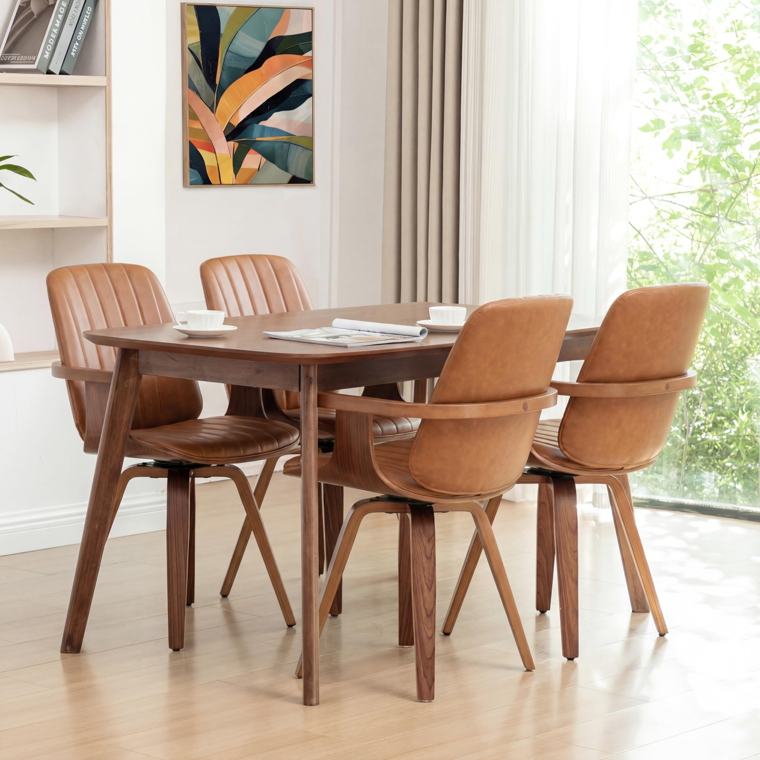 WUPOTO Set of 1 MCM Dining Chair, Mid Century Modern Chair with Walnut Craftsmanship, Upholstered Faux Leather, Wooden Arms and Legs, Faux Leather Dining Chair for Kitchen/Living Room - Green