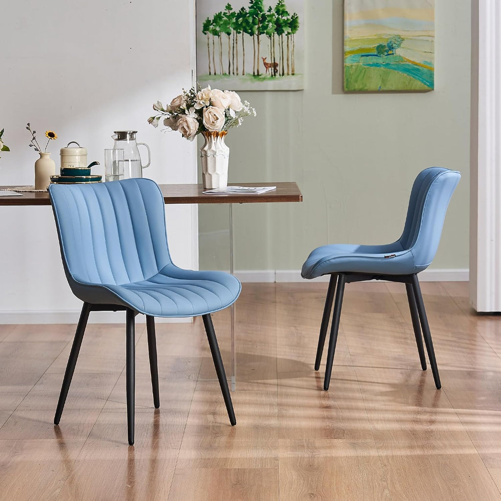 YOUNUOKE Mid-Century Modern Dining Chairs Set of 2, Blue PU Leather Upholstered Kitchen Chairs with Black Metal Legs, Armless Accent Chair for Dining Room, Guest Reception Room