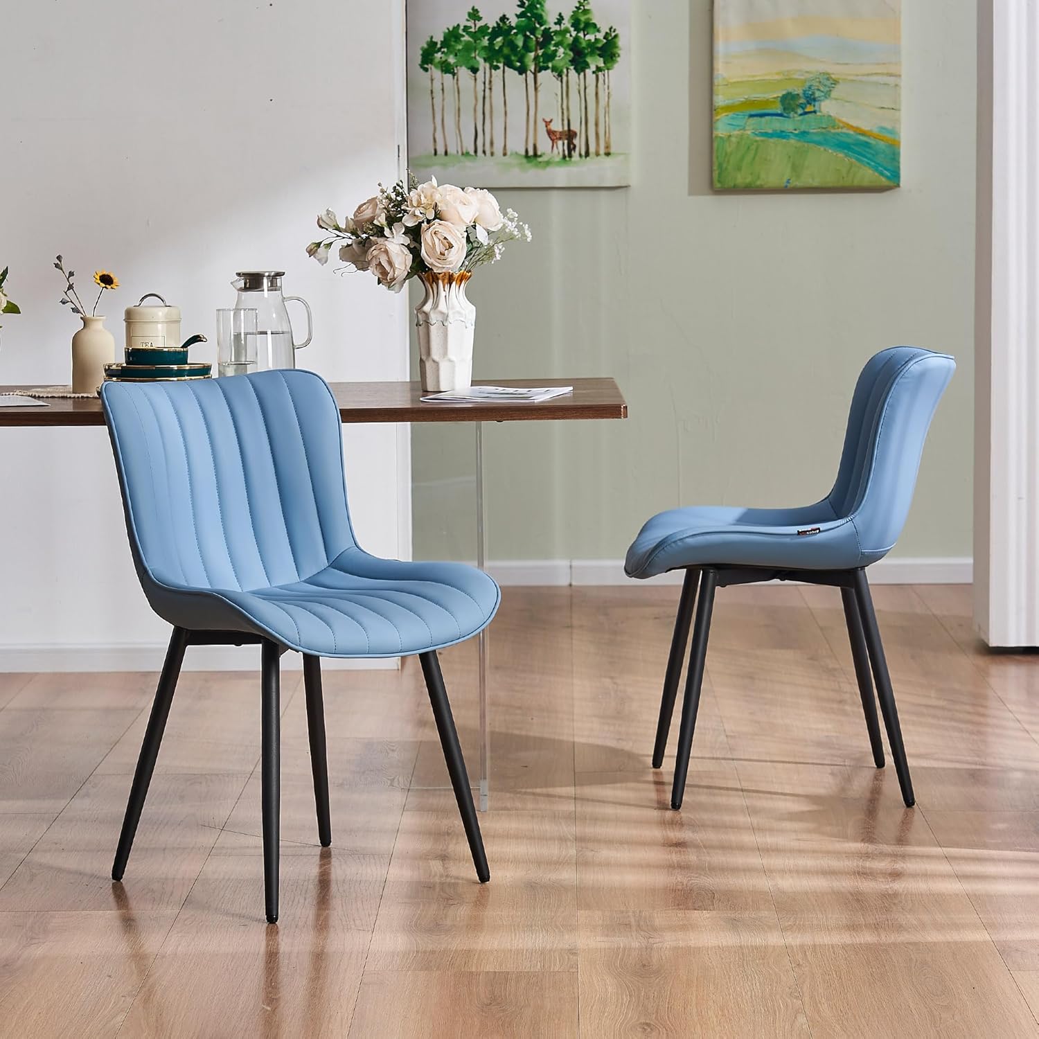 YOUNUOKE Mid-Century Modern Dining Chairs Set of 2, Blue PU Leather Upholstered Kitchen Chairs with Black Metal Legs, Armless Accent Chair for Dining Room, Guest Reception Room