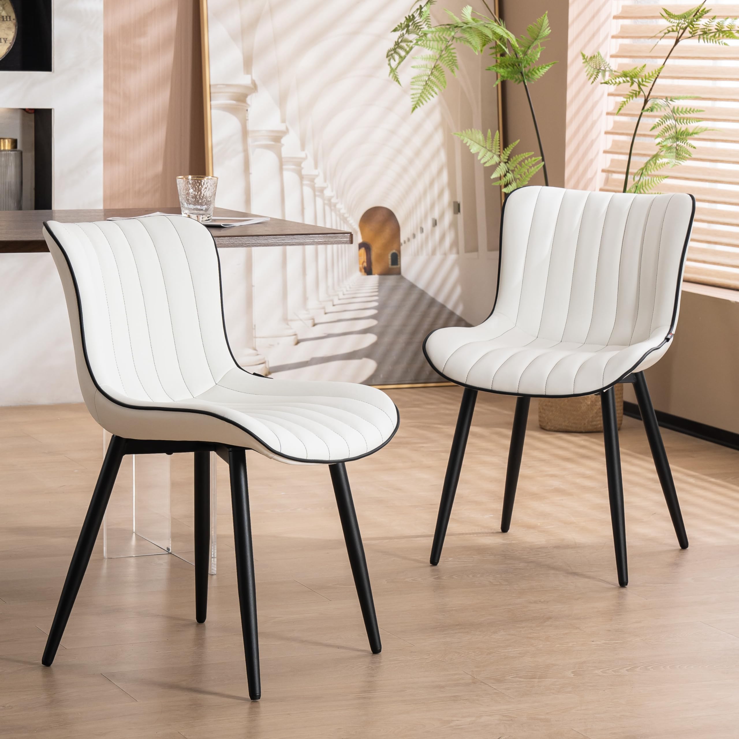 YOUNUOKE Mid-Century Modern Dining Chairs Set of 2, Blue PU Leather Upholstered Kitchen Chairs with Black Metal Legs, Armless Accent Chair for Dining Room, Guest Reception Room